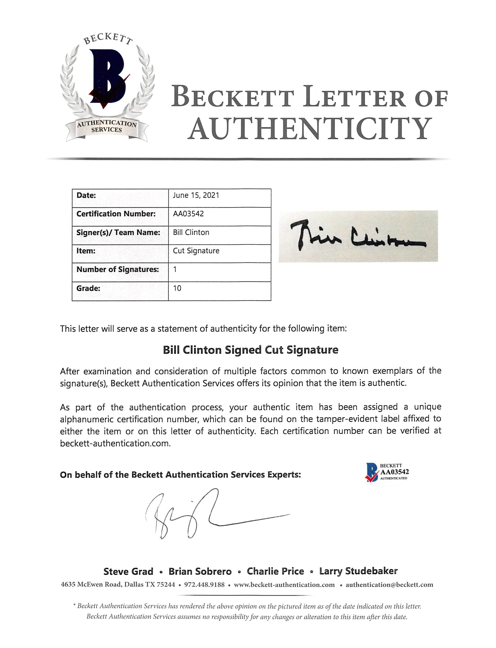 Bill Clinton Signed 5.5x6.5 Letter Auto Graded Gem Mint 10! BAS #AA03542