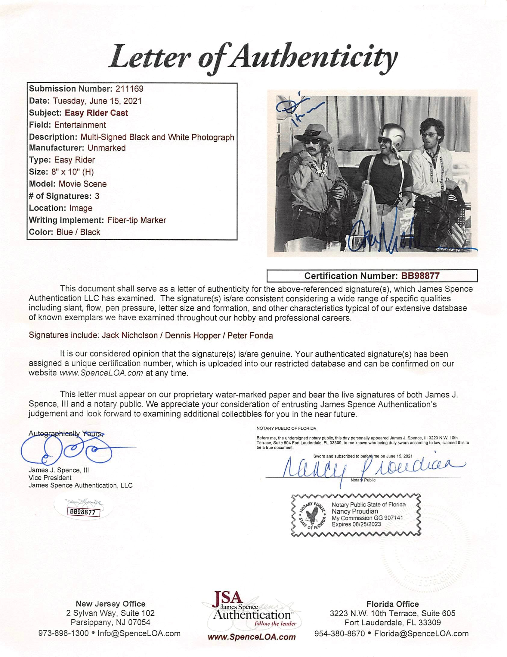 Easy Rider (3) Nicholson, Fonda & Hopper Signed 8x10 B&W Photo JSA #BB98877