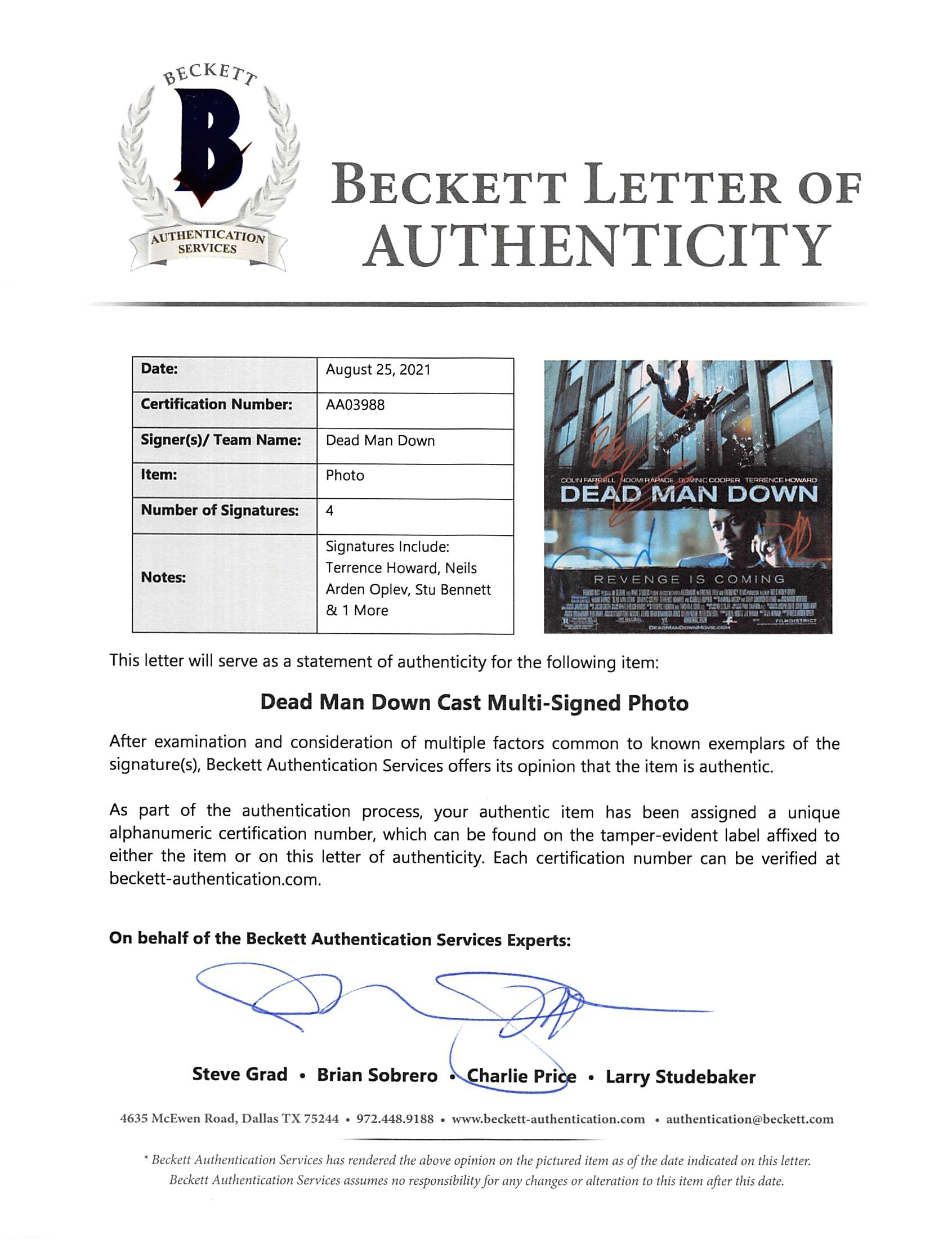 Dead Man Down (4) Howard, Oplev, Bennett +1 Signed 12x18 Photo BAS #AA03988