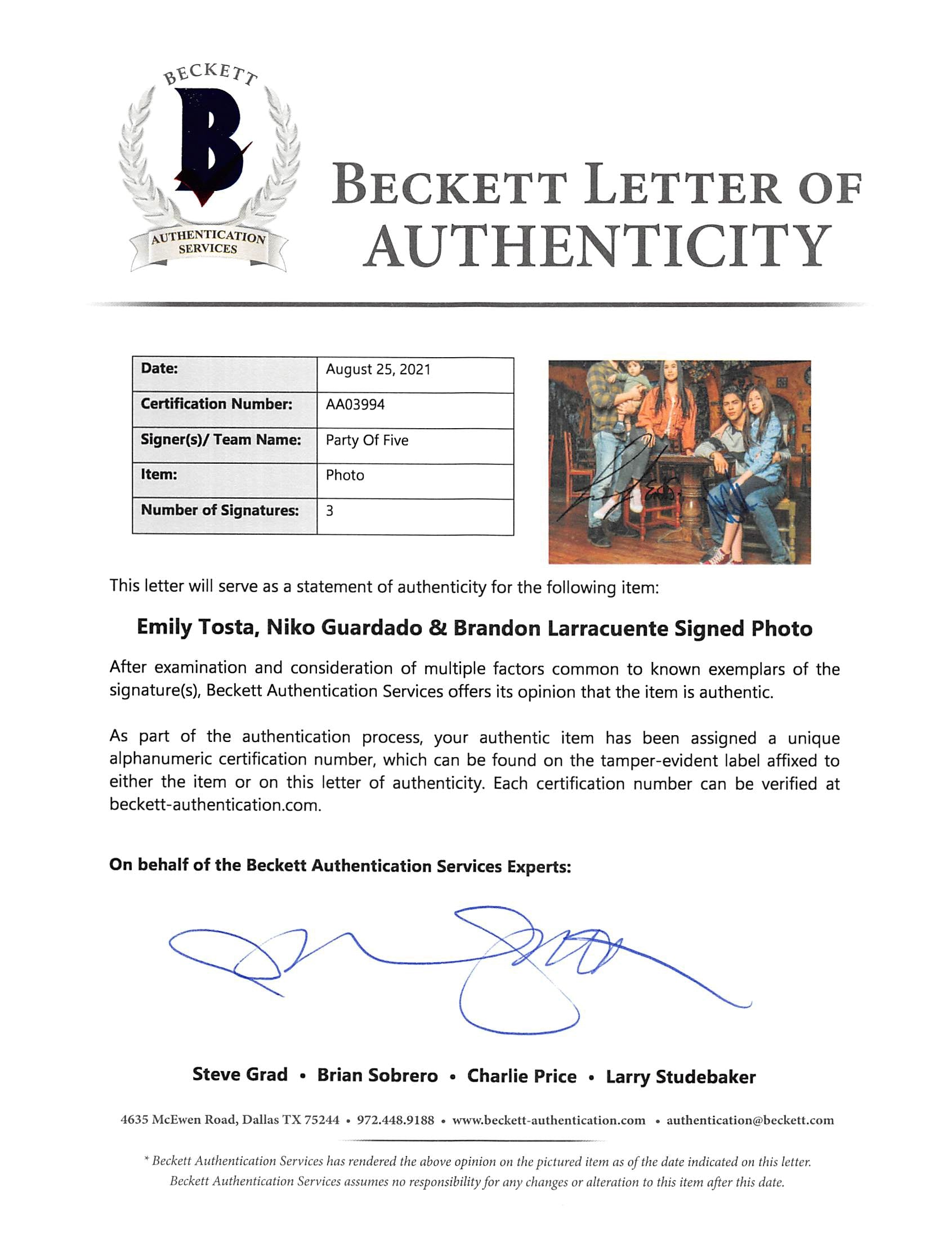 Party of Five (3) Tosta, Guardado & Larracuente  Signed 8x10 Photo BAS #AA03994