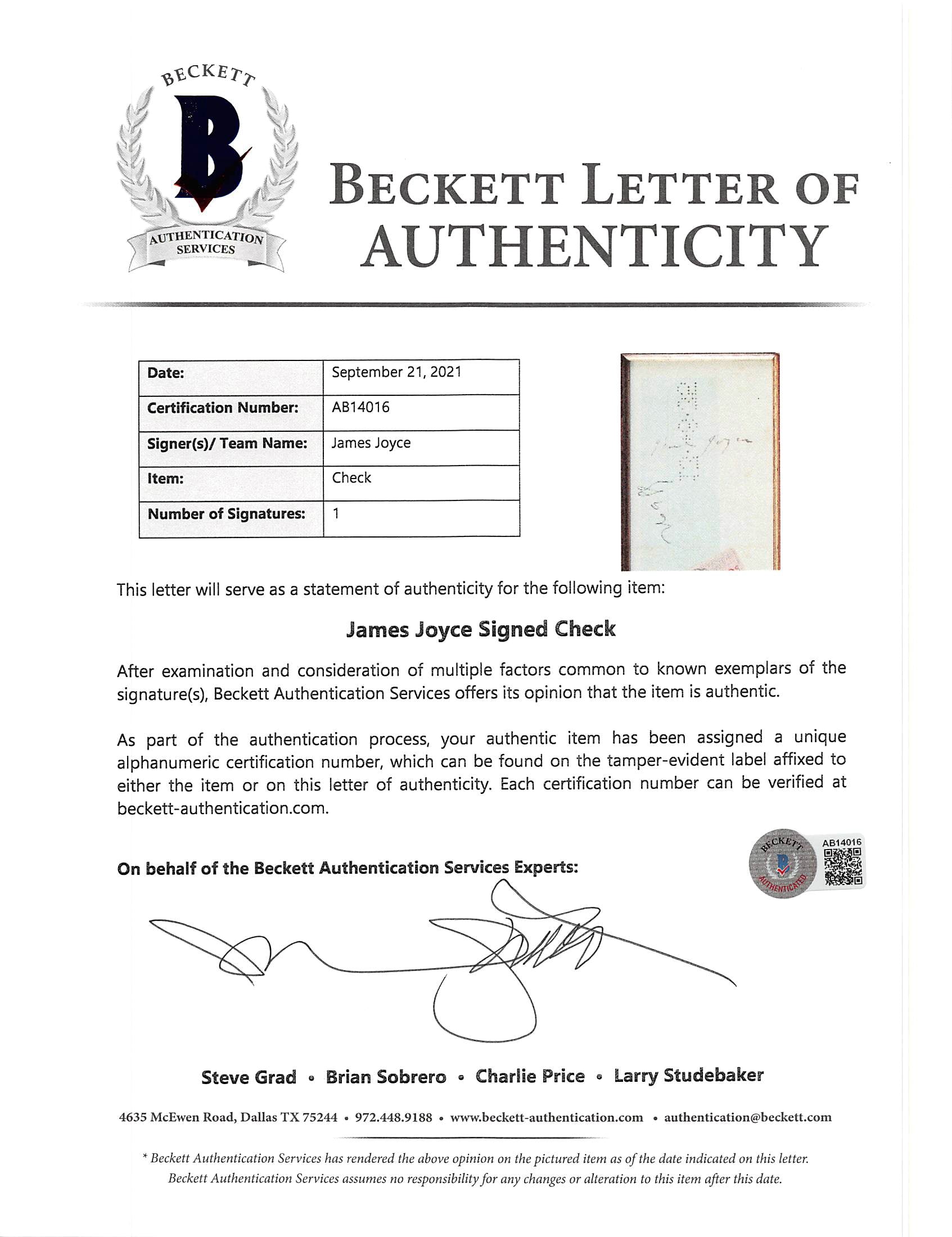 James Joyce Authentic Signed & Framed 3.25x8.25 Check Autographed BAS #AB14016