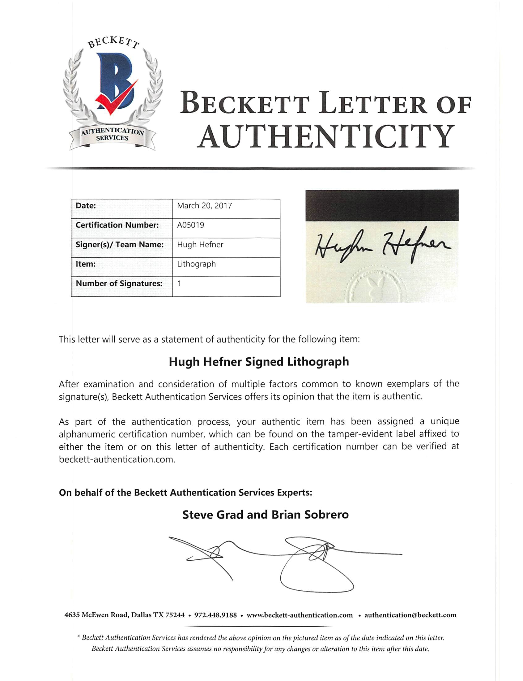 Hugh Hefner Playboy Authentic Signed 16x20 Artist Proof Lithograph BAS #A05019