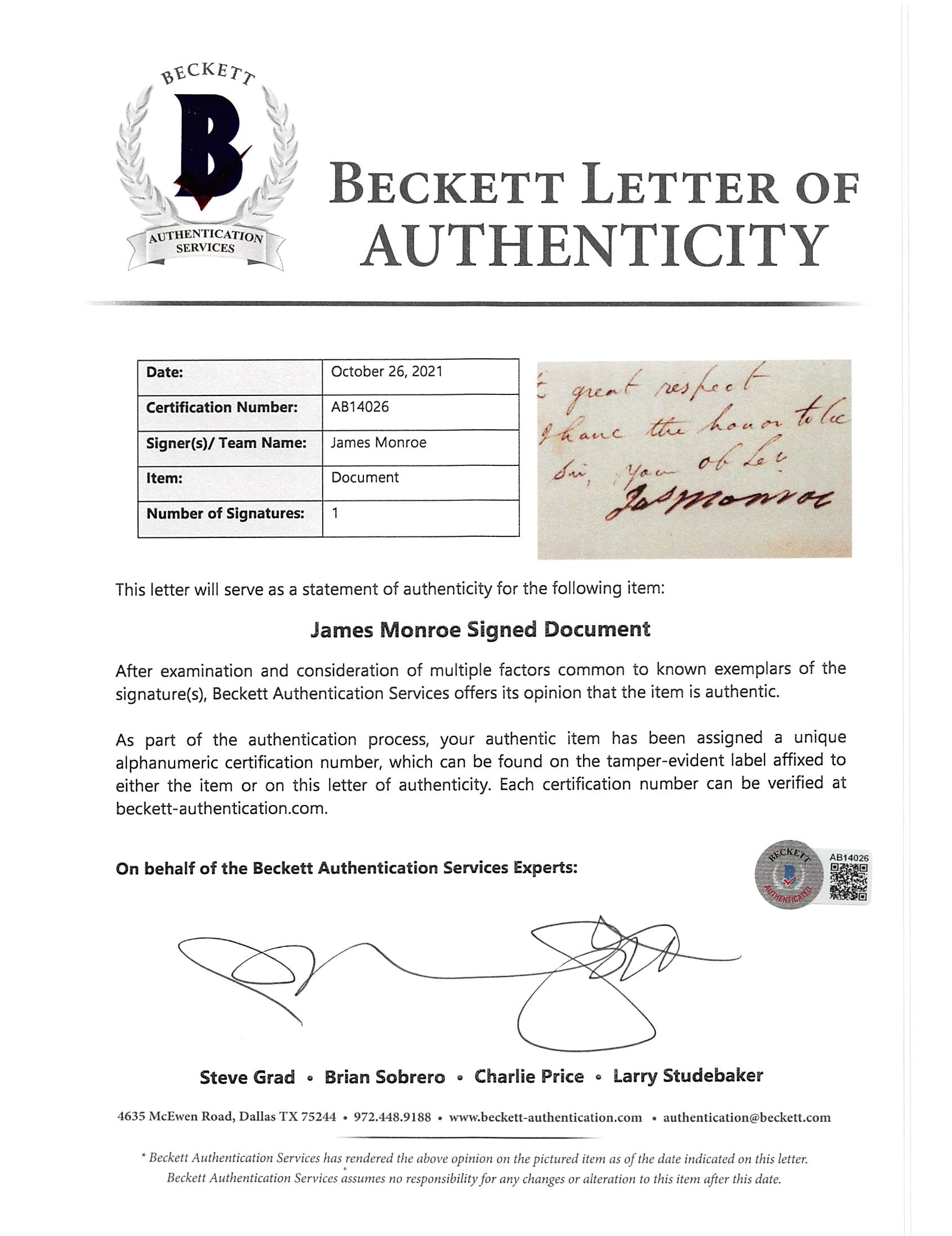 James Monroe Authentic Signed 7.5x10 Letter Dated April 27, 1815 BAS #AB14026