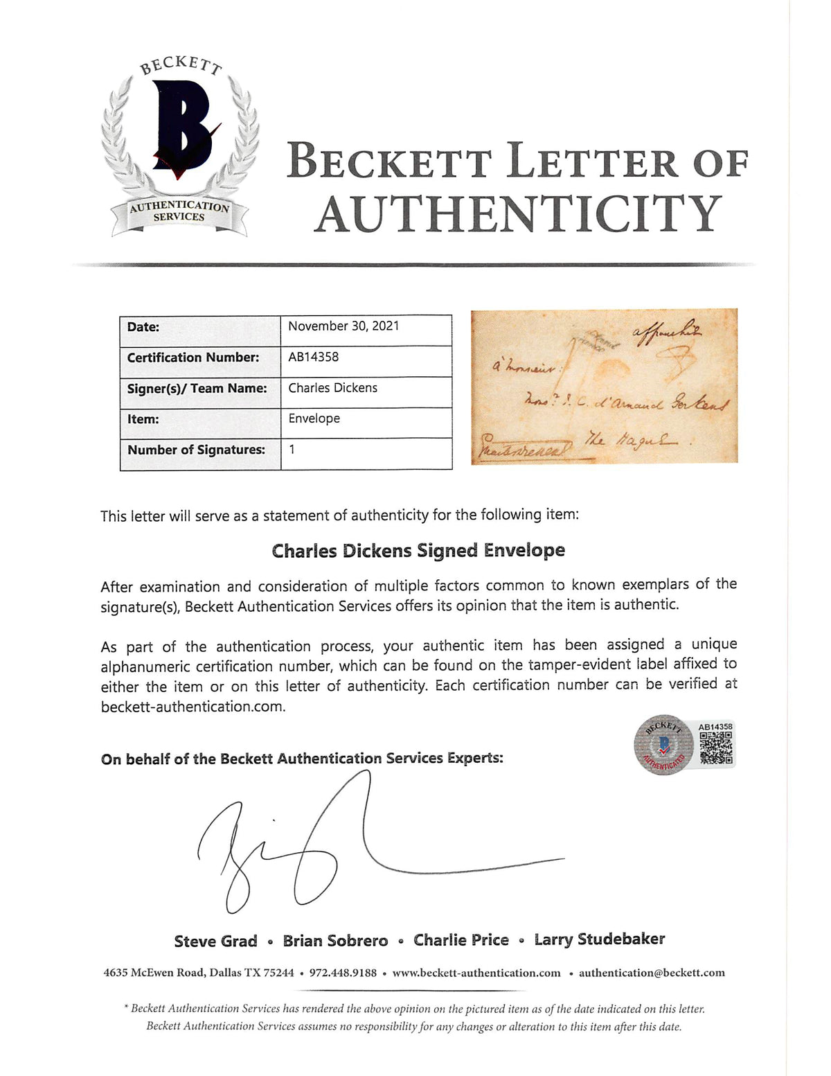 Charles Dickens Authentic Signed & Framed 3.25x5.25 Envelope BAS #AB14358