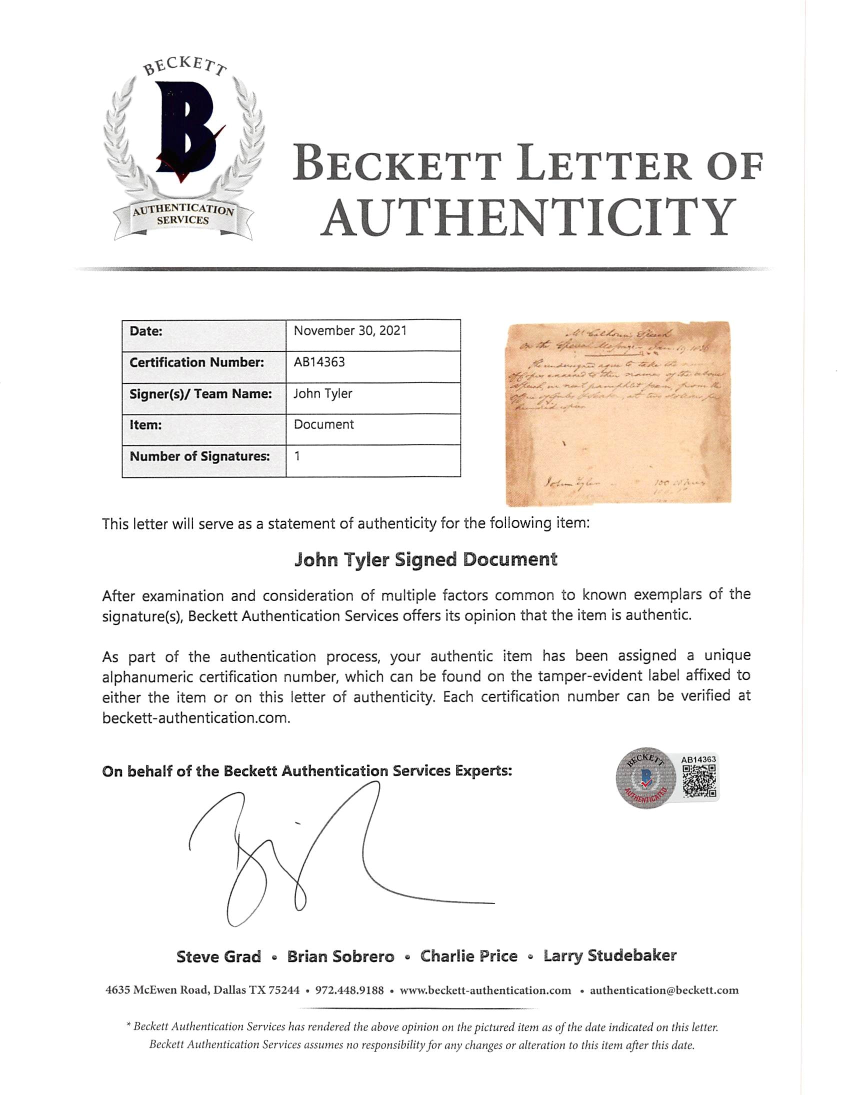 John Tyler Authentic Signed 6.25x7.5 1836 Printing Order Document BAS #AB14363