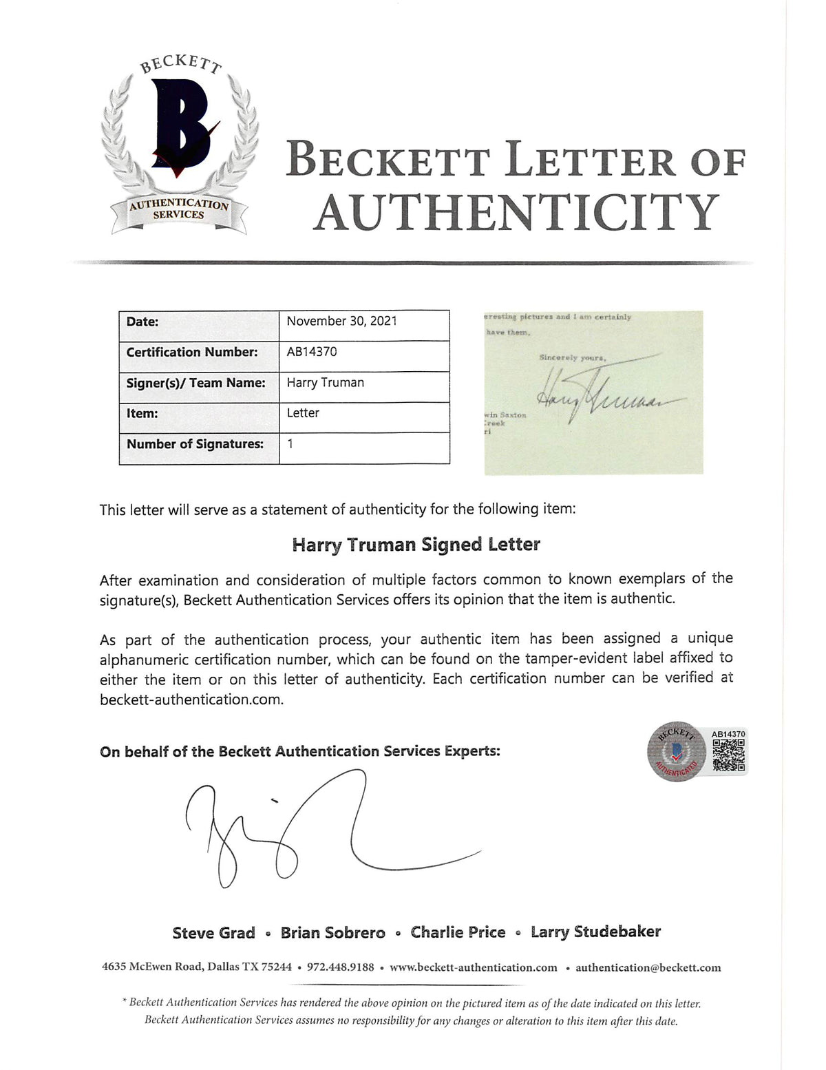 Harry Truman Signed 7x8.75 1948 Letter On White House Letterhead BAS #AB14370