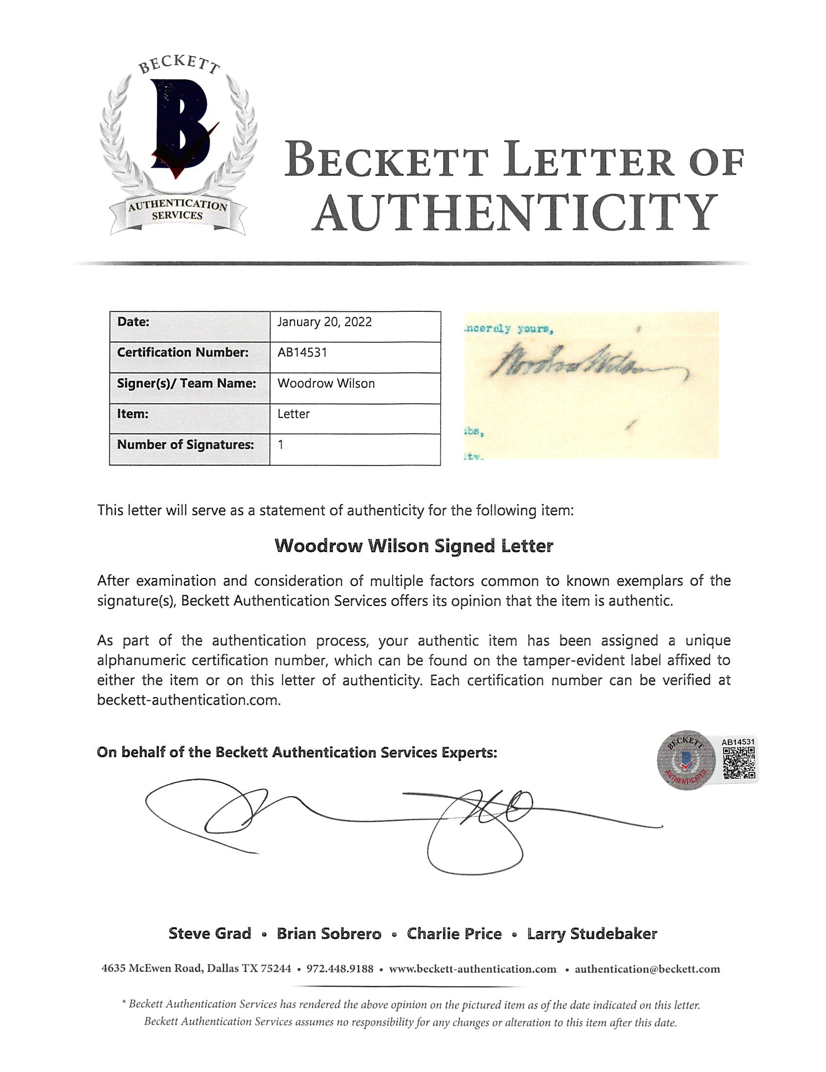 Woodrow Wilson Signed 7x8.8 1913 Letter On White House Letterhead BAS #AB14531