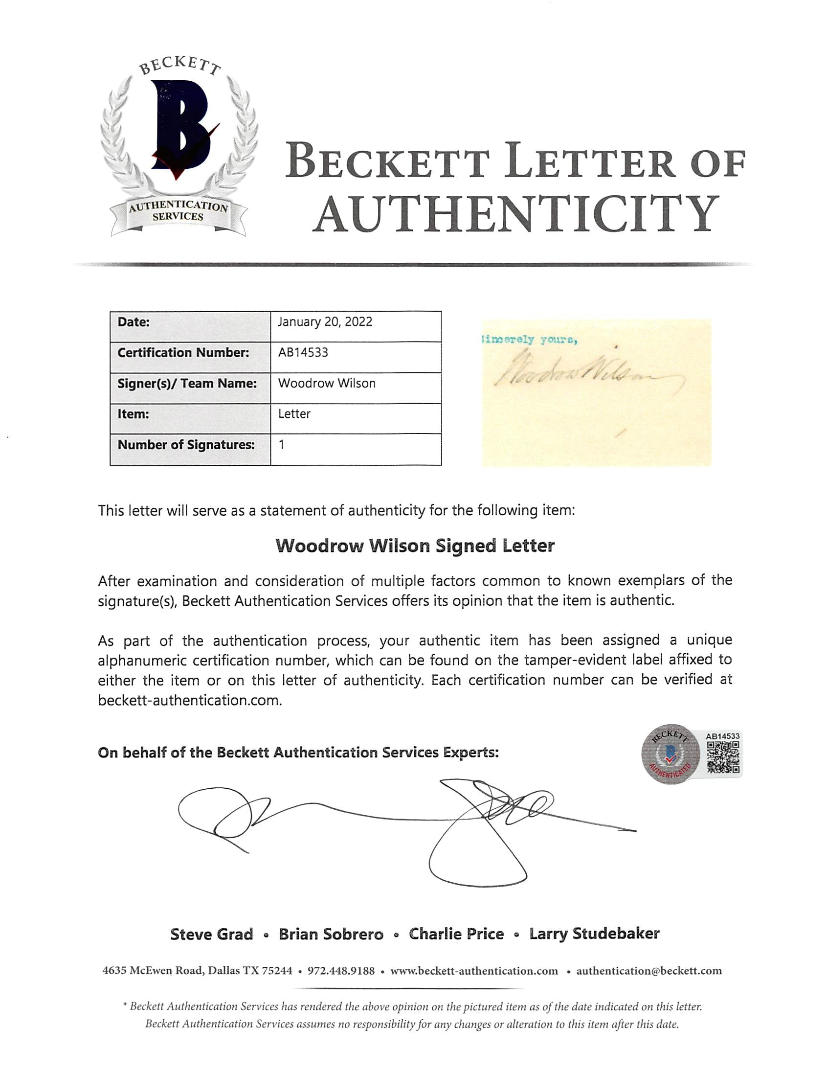 Woodrow Wilson Authentic Signed 7x8.8 Letter Dated April 19, 1913 BAS #AB14533
