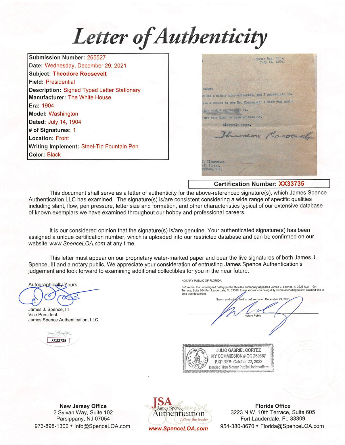 Theodore Roosevelt Signed 7.15x8.75 1904 Letter On WH Letterhead JSA #XX33735