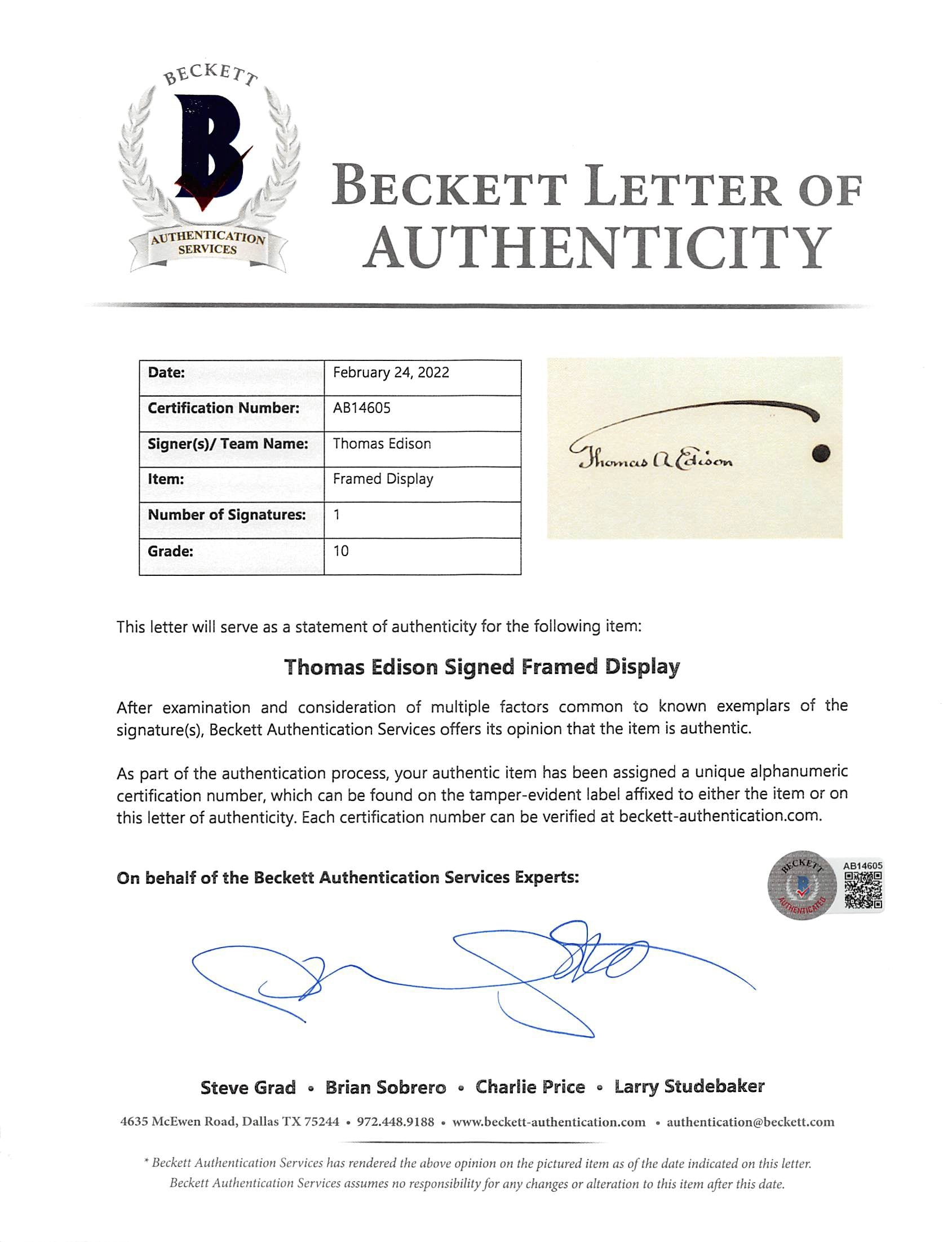 Thomas Edison Authentic Signed & Framed Cut Signature Auto Grade 10 BAS #AB14605