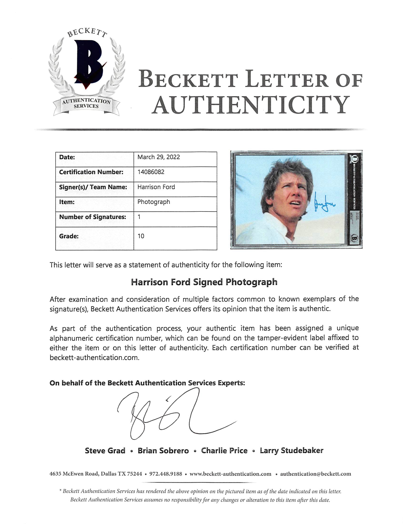 Harrison Ford Star Wars Authentic Signed 8x10 Photo Auto Graded 10! BAS Slabbed