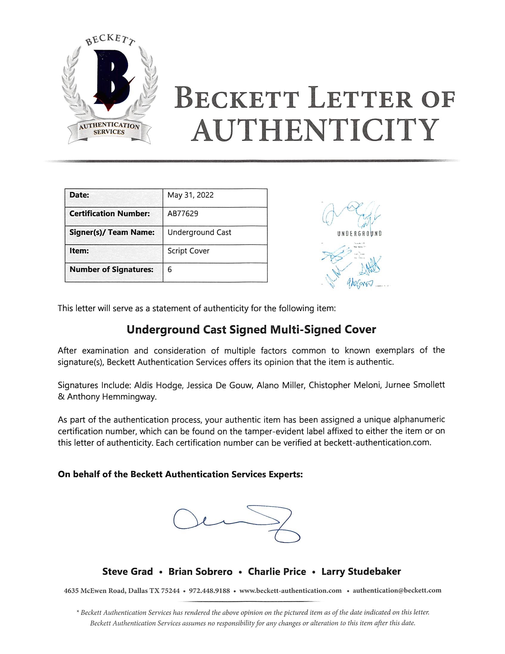 Underground (6) Hodge, De Gouw, Miller +3 Signed Script Cover BAS #AB77629