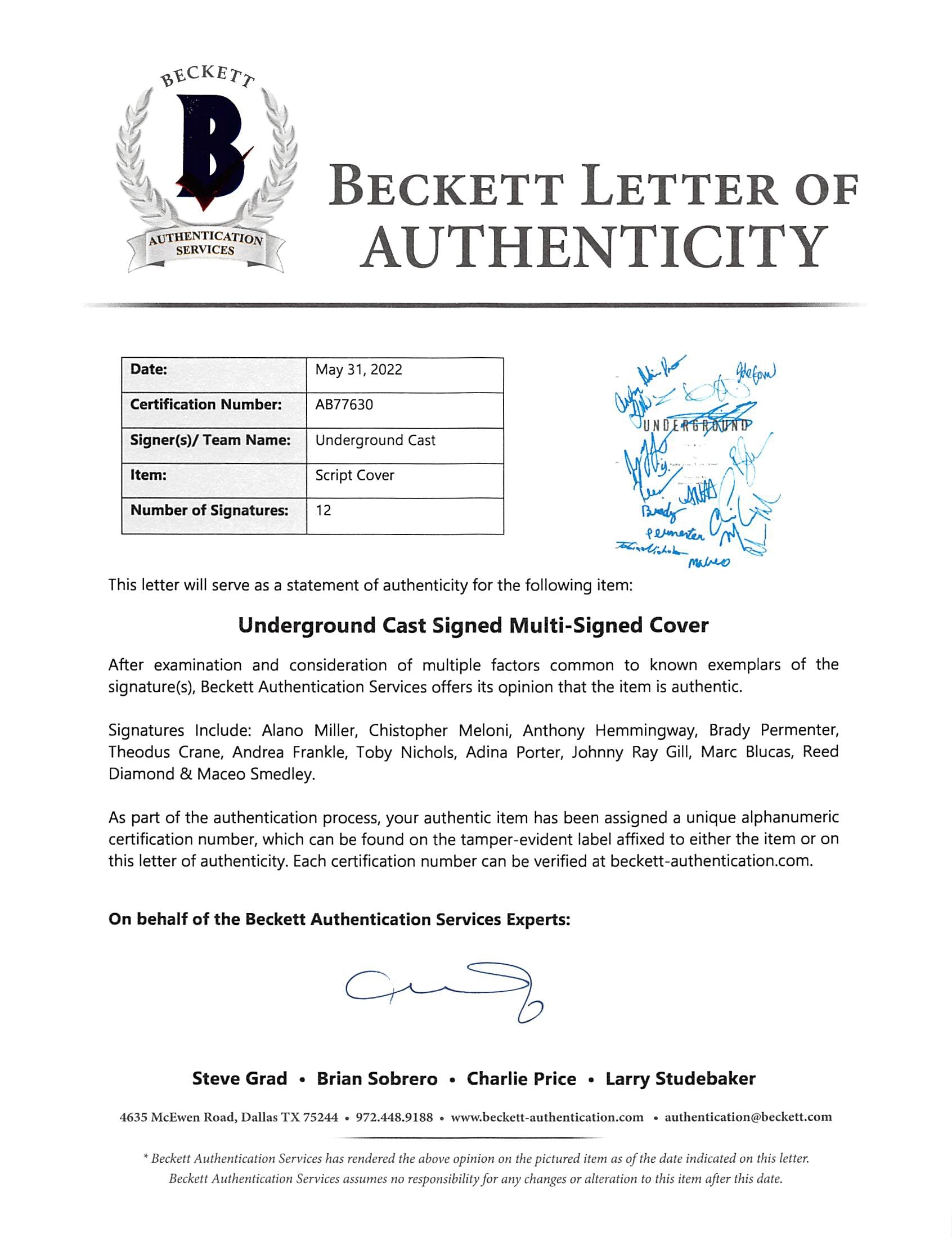 Underground (12) Miller, Meloni +10  Signed 8.5x11 Script Cover BAS #AB77630