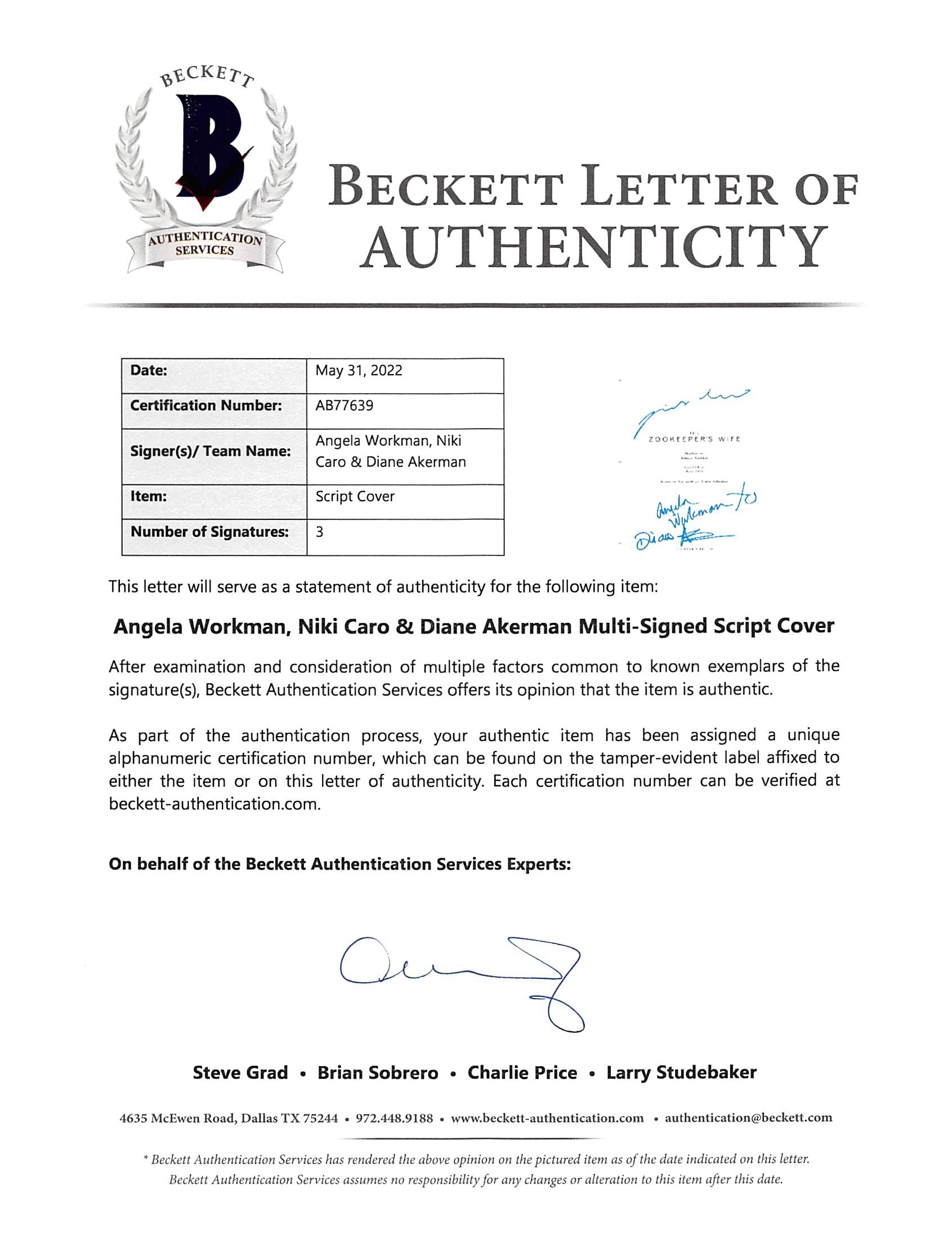 Zookeeper's Wife (3) Workman, Caro & Akerman Signed Script Cover BAS #AB77639