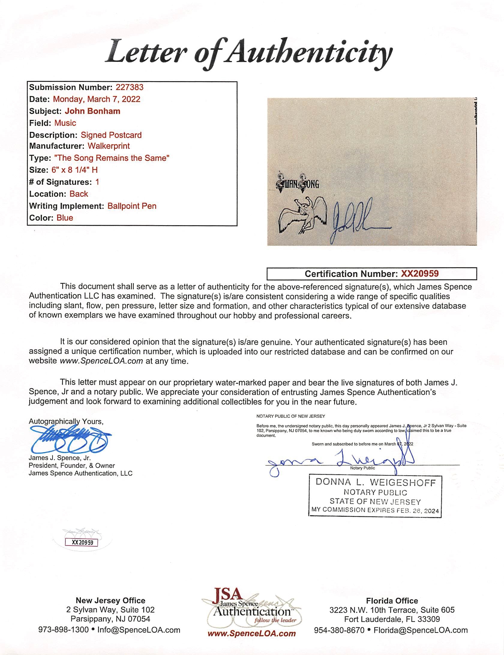 John Bonham Led Zeppelin Signed 6x8 The Song Remains The Same Postcard JSA