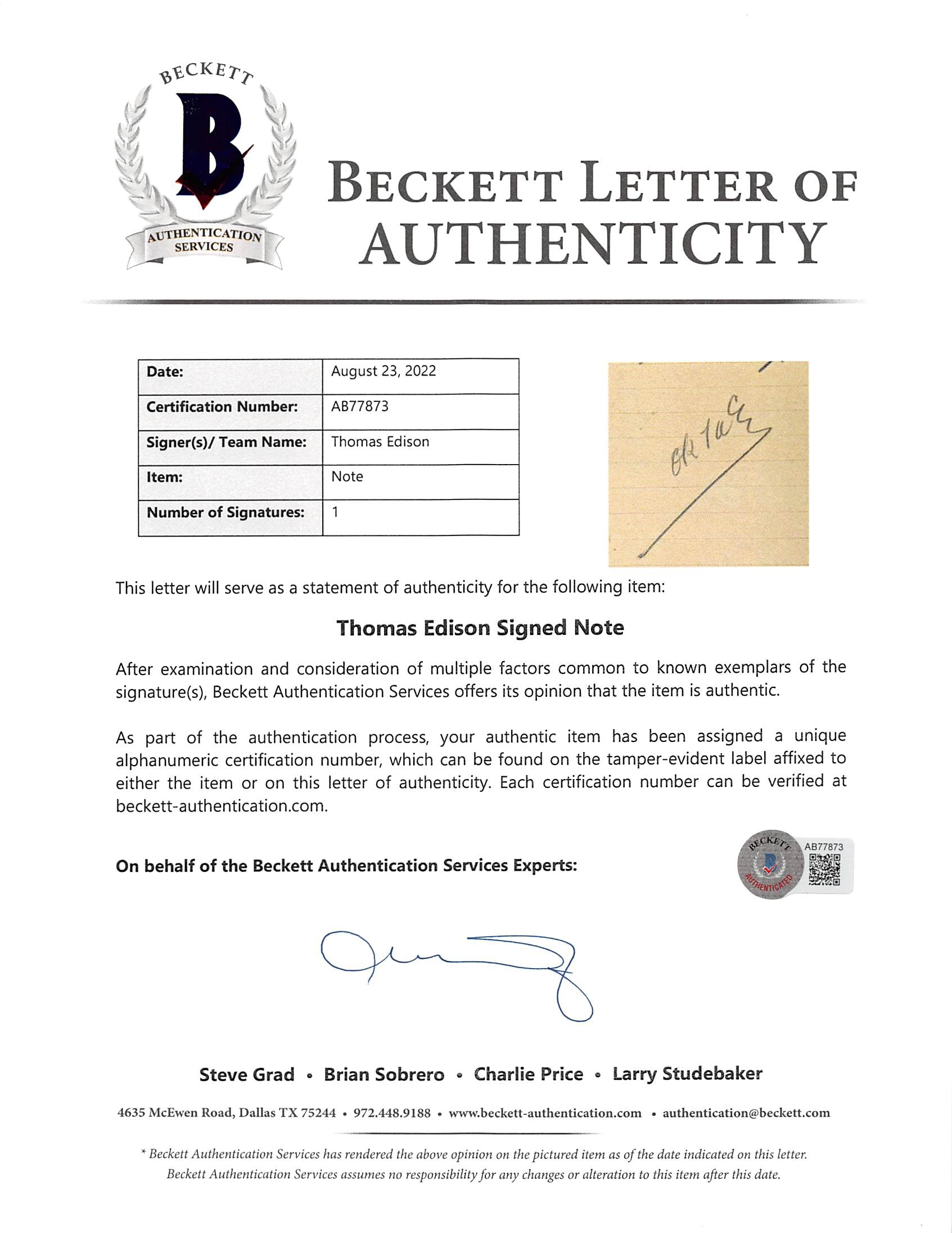 Thomas Edison OK Authentic Signed 8.5x11 Letter Dated Dec 7th 1922 BAS #AB77873
