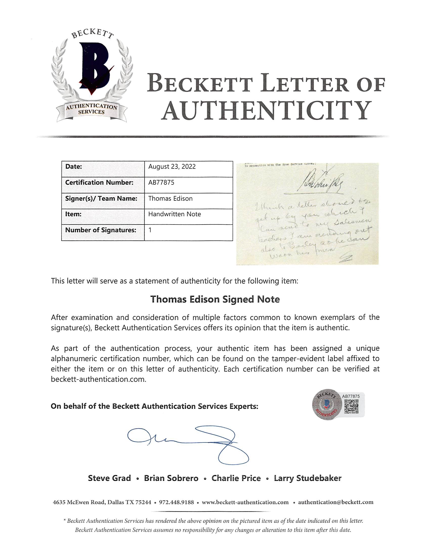 Thomas Edison Authentic Signed 8.5x11 Handwritten Note BAS #AB77875