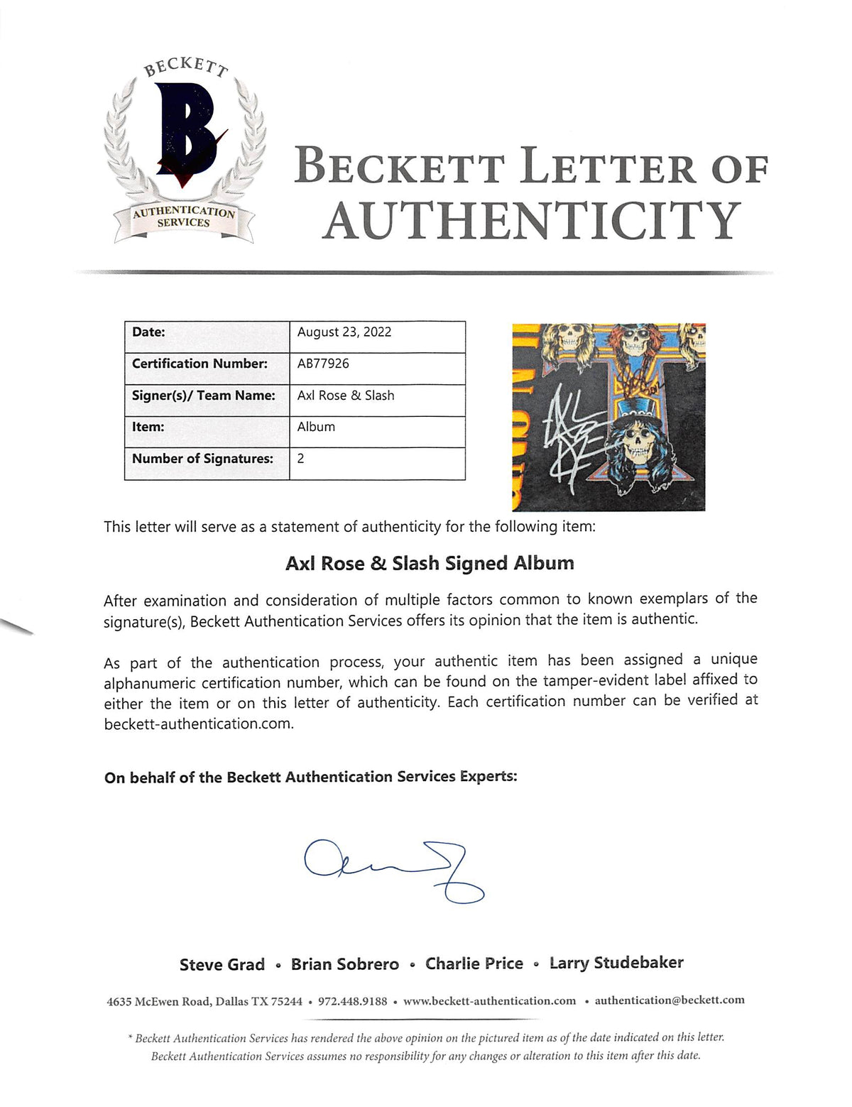 Axl Rose & Slash Guns N' Roses Authentic Signed Album Cover BAS #AB77926