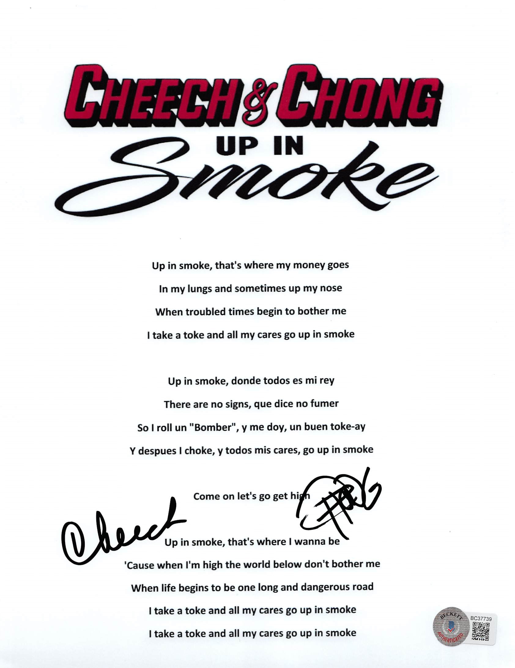 Cheech Marin & Tommy Chong Up in Smoke Signed 8.5x11 Photo BAS #BC37739