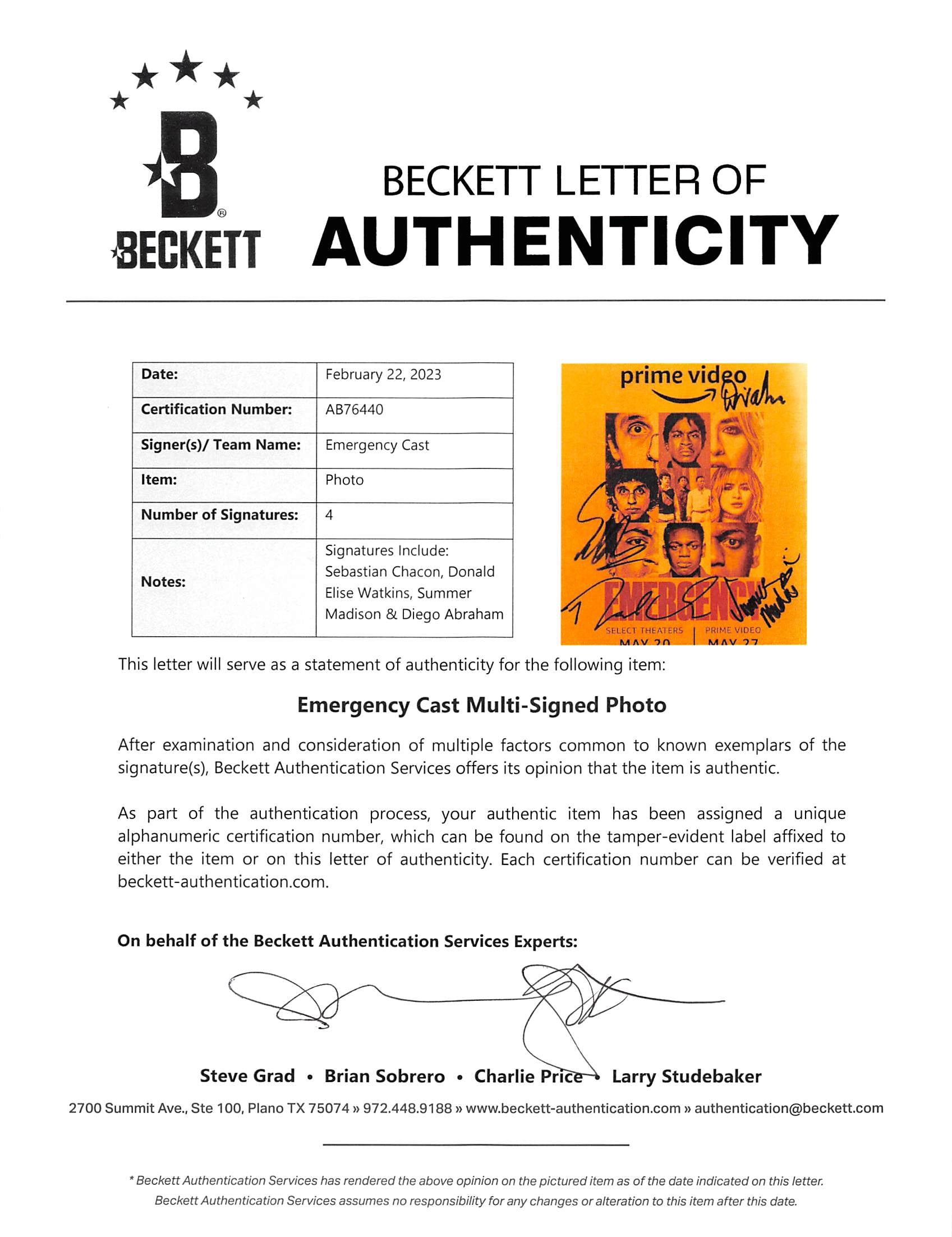 Emergency (4) Chacon, Watkins, Madison & Abraham Signed 8x10 Photo BAS #AB76440