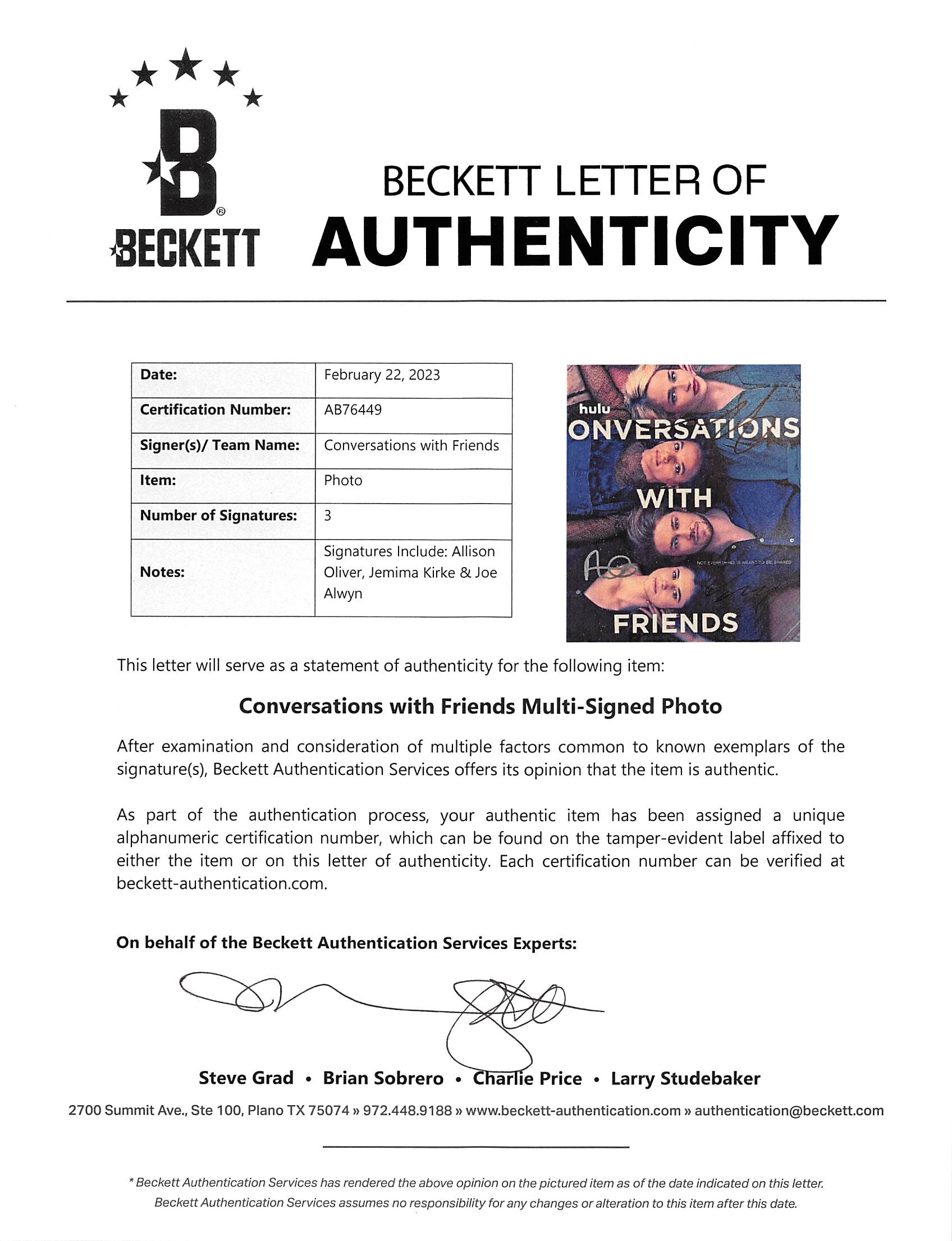 Conversations With Friends (3) Oliver, Kirke & Alwyn Signed 11x17 Photo BAS