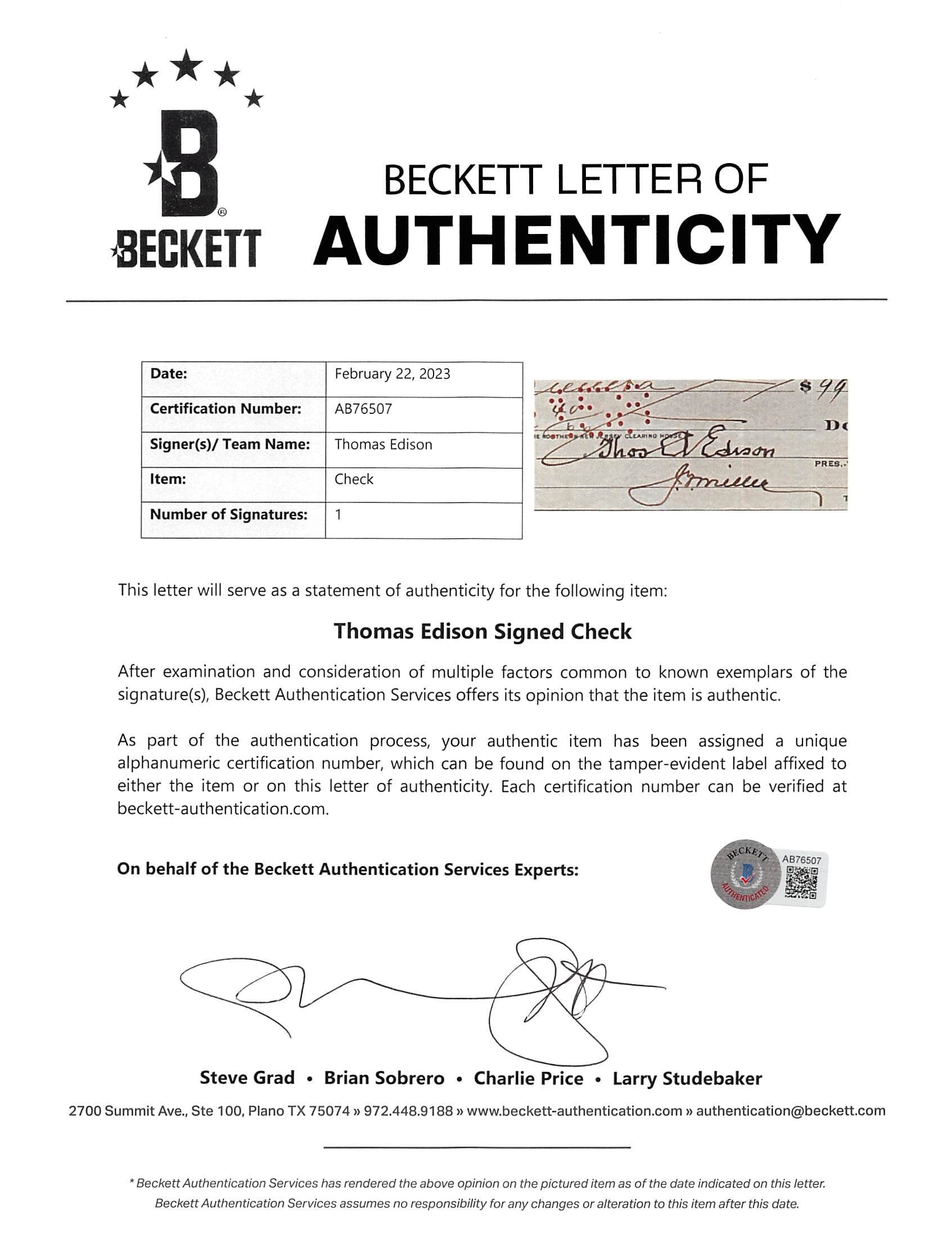 Thomas Edison Authentic Signed & Framed 3x8.5 1923 EBRC Check BAS #AB76507