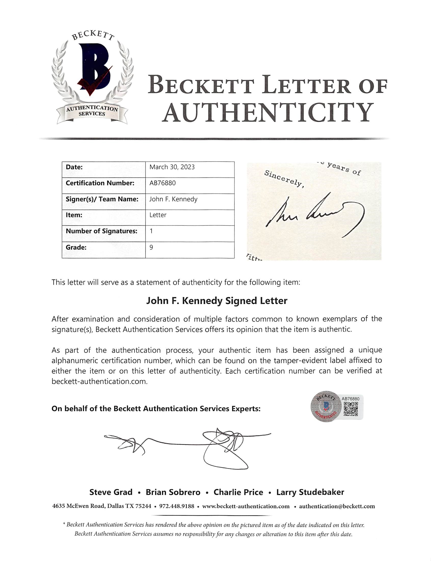 John F. Kennedy Authentic Signed 1961 Letter Auto Graded Mint 9! BAS #AB76880