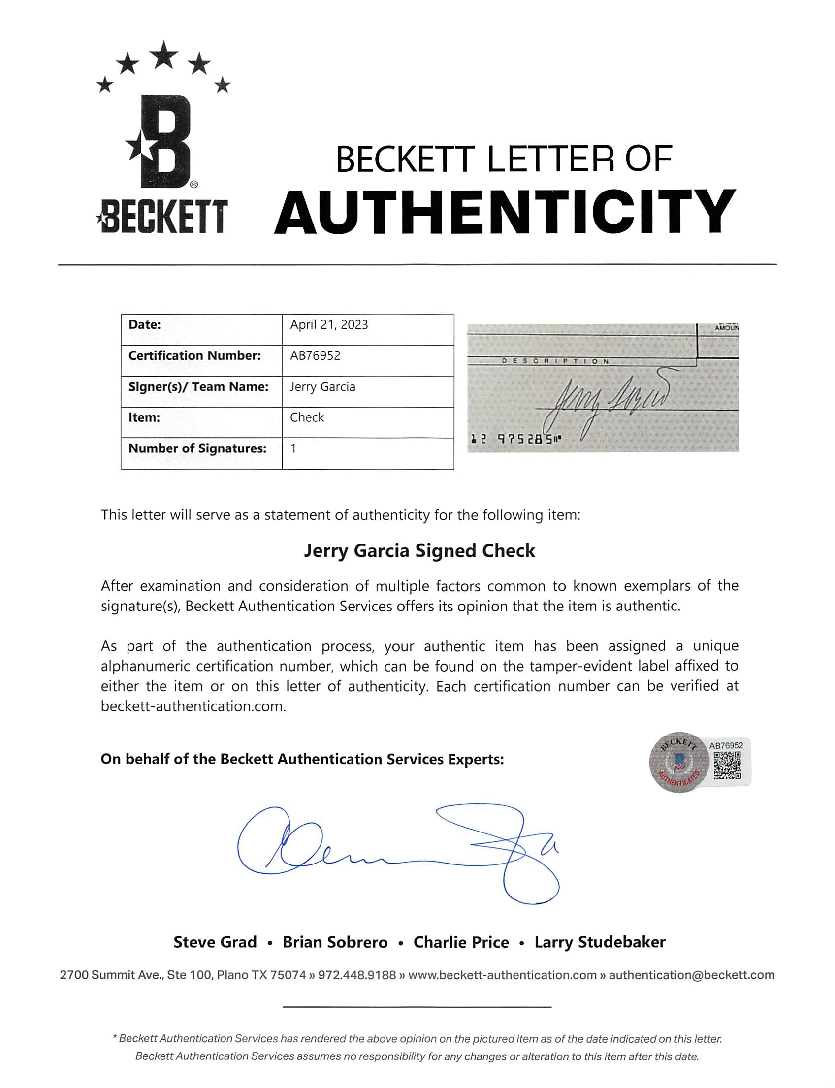Jerry Garcia Grateful Dead  Signed & Framed 3x8.25 Bank Draft Check BAS #AB76952