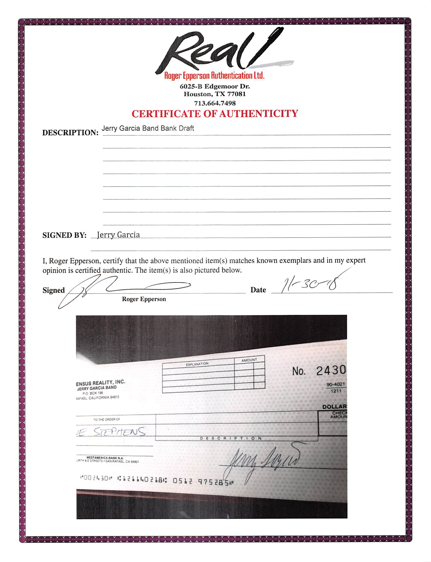 Jerry Garcia Grateful Dead  Signed & Framed 3x8.25 Bank Draft Check BAS #AB76952