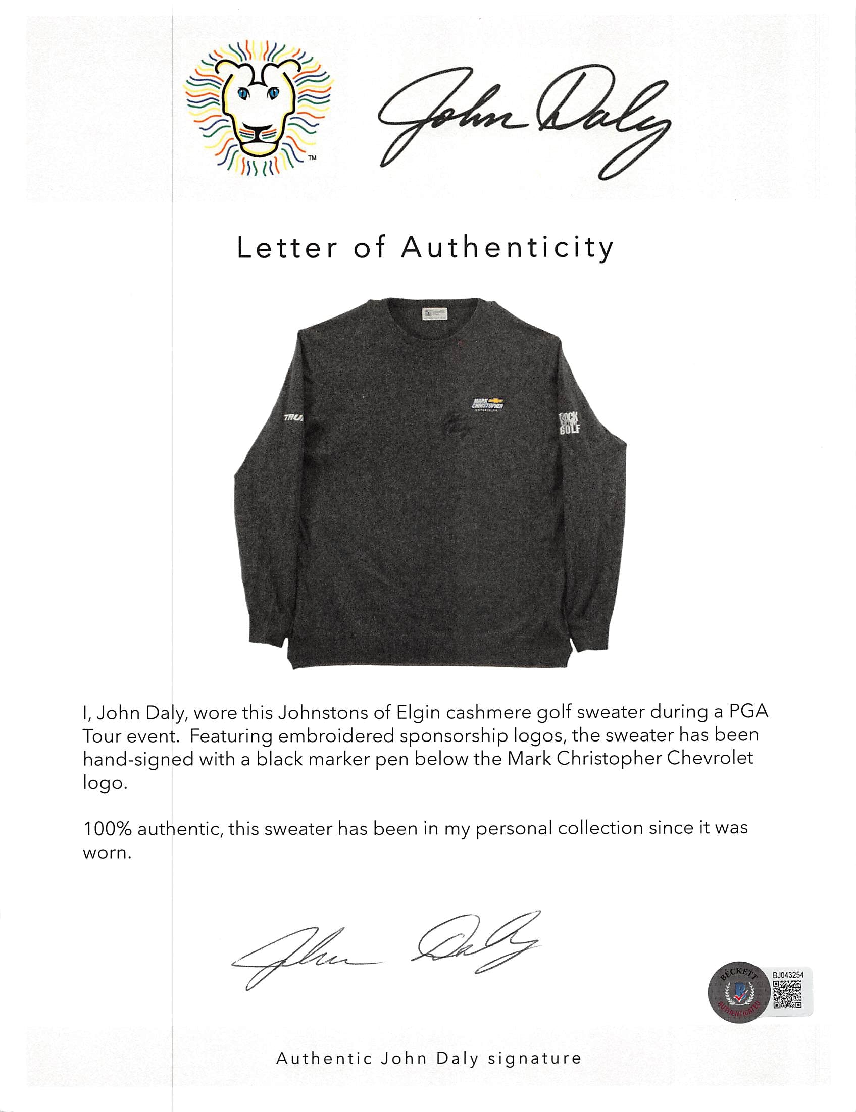 John Daly Signed Match Worn Dark Gray Johnstons of Elgin Cashmere Sweater BAS 2