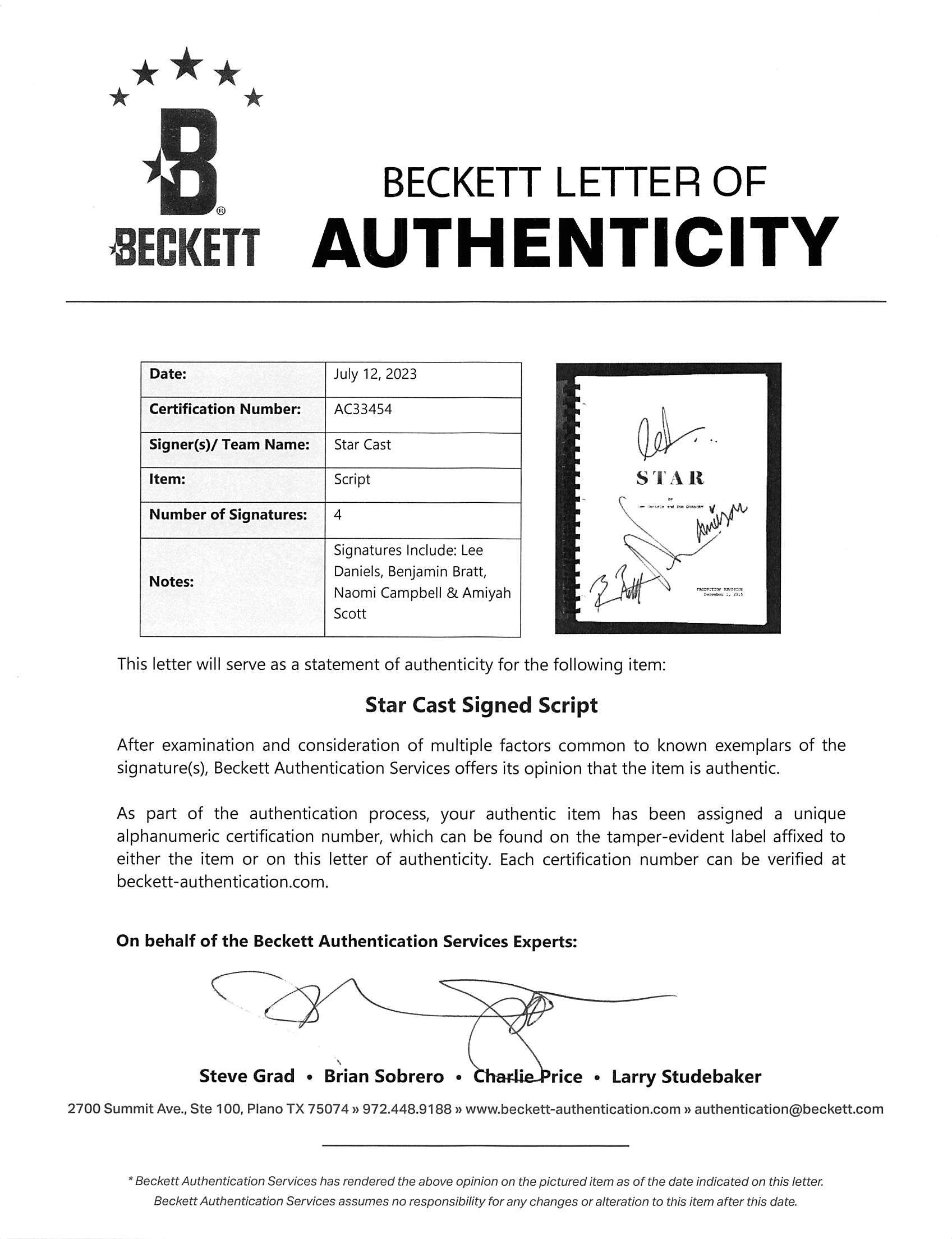 Star Cast (4) Daniels, Bratt, Campbell, & Scott Signed Movie Script BAS #AC33454
