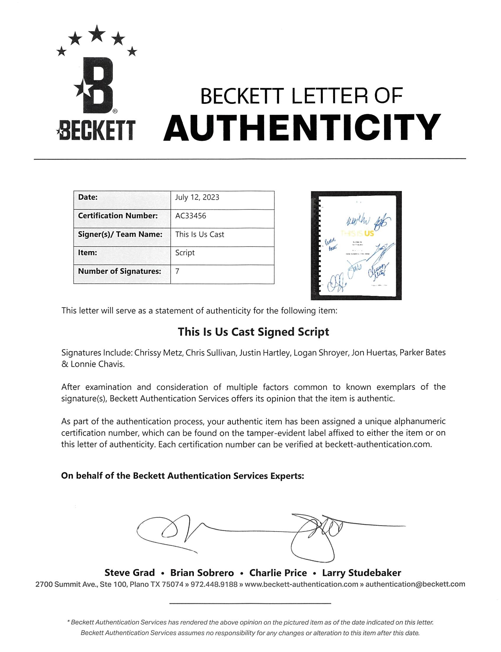 This Is Us Cast (7) Metz, Sullivan, Hartley, +4 Signed Movie Script BAS #AC33456