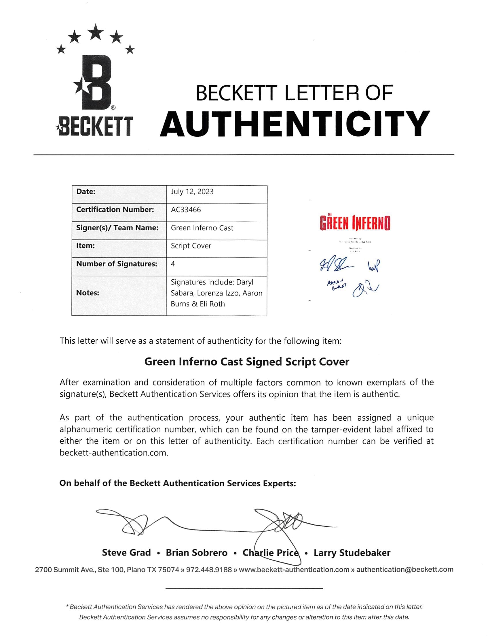 The Green Inferno Cast (4) Sabara, Izzo, +2 Signed Script Cover BAS #AC33466