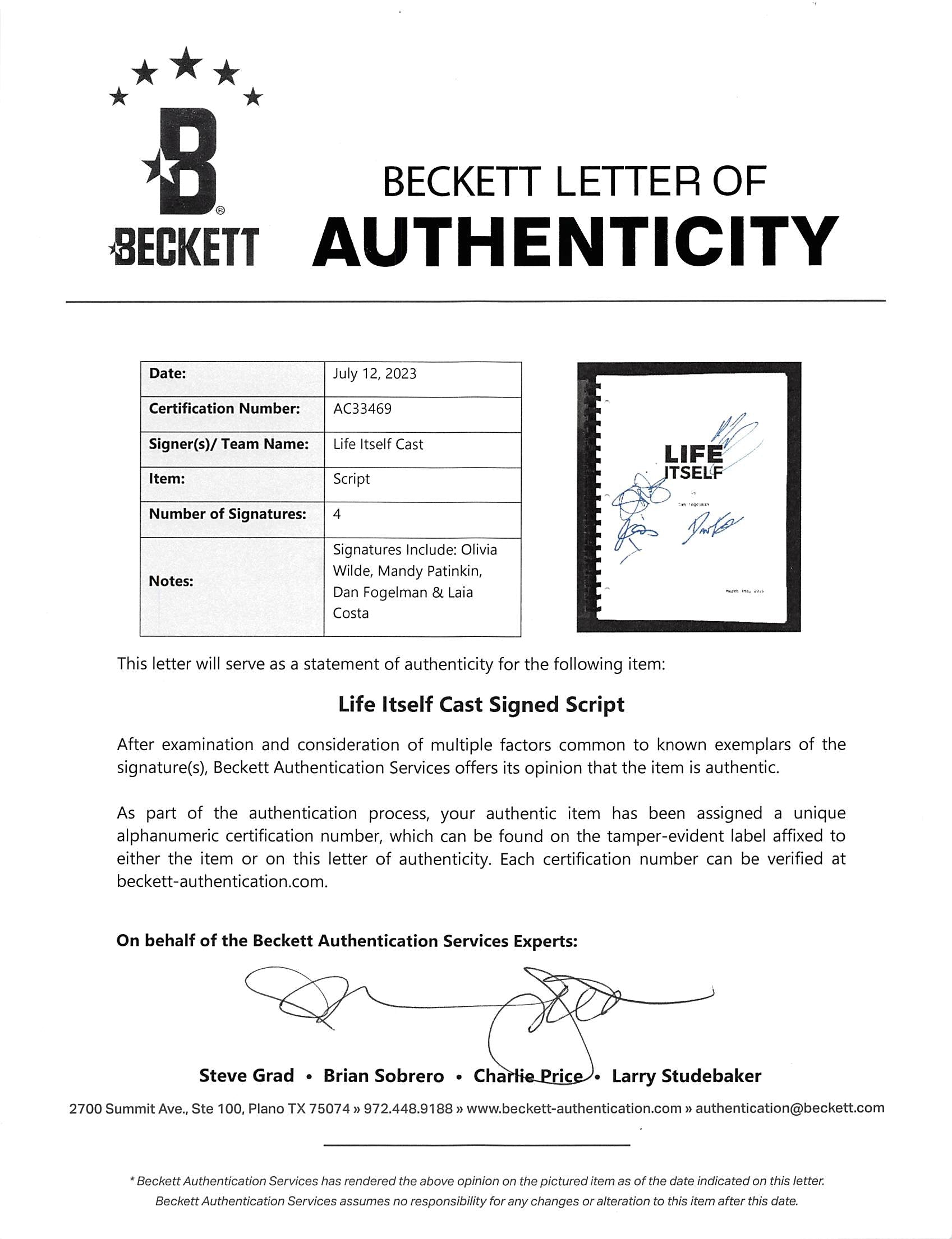 Life Itself Cast (4) Wilde, Patinkin, Fogelman, & Costa Signed Movie Script BAS