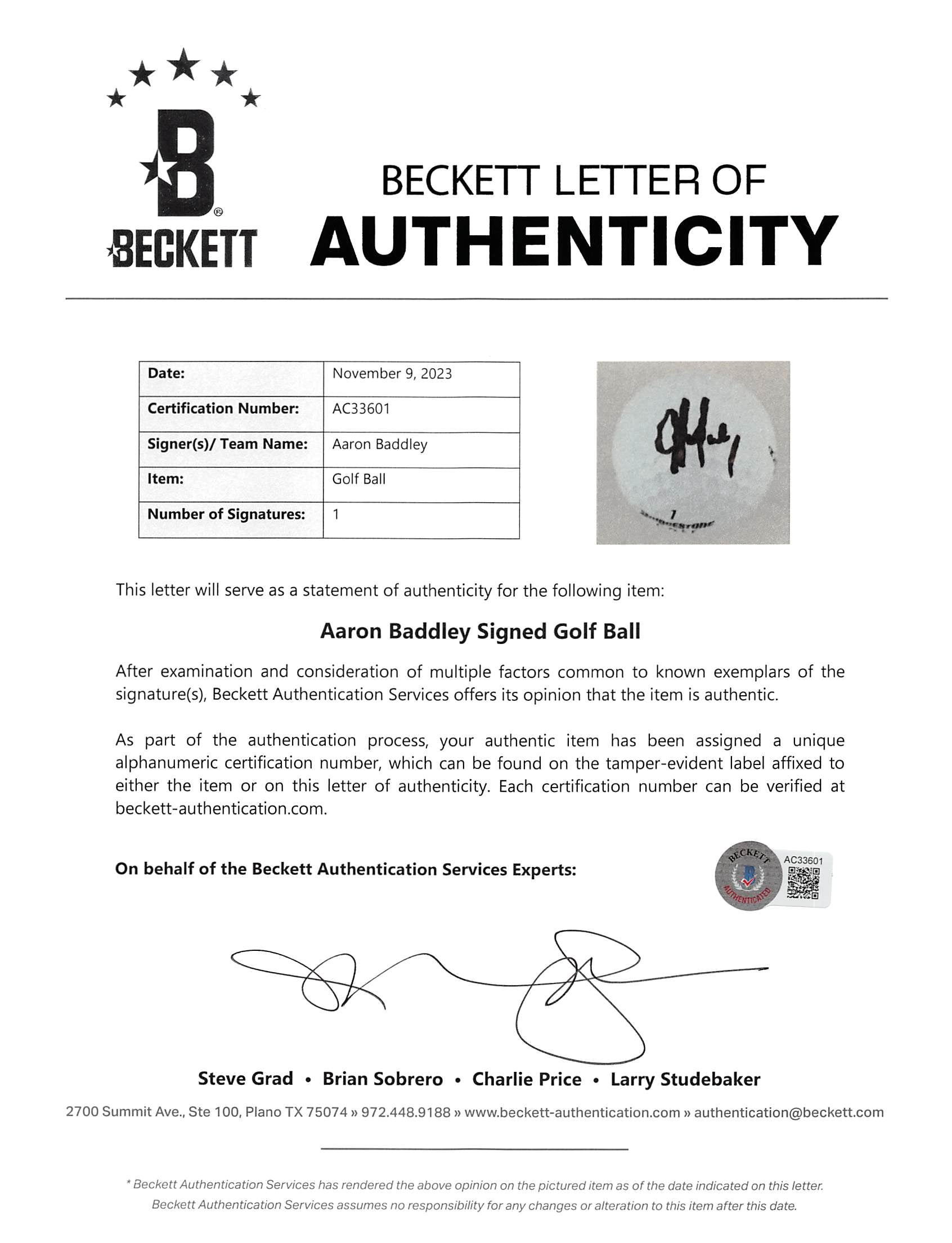 Aaron Baddley Signed Bridgestone WM Open Logo Golf Ball BAS #AC33601