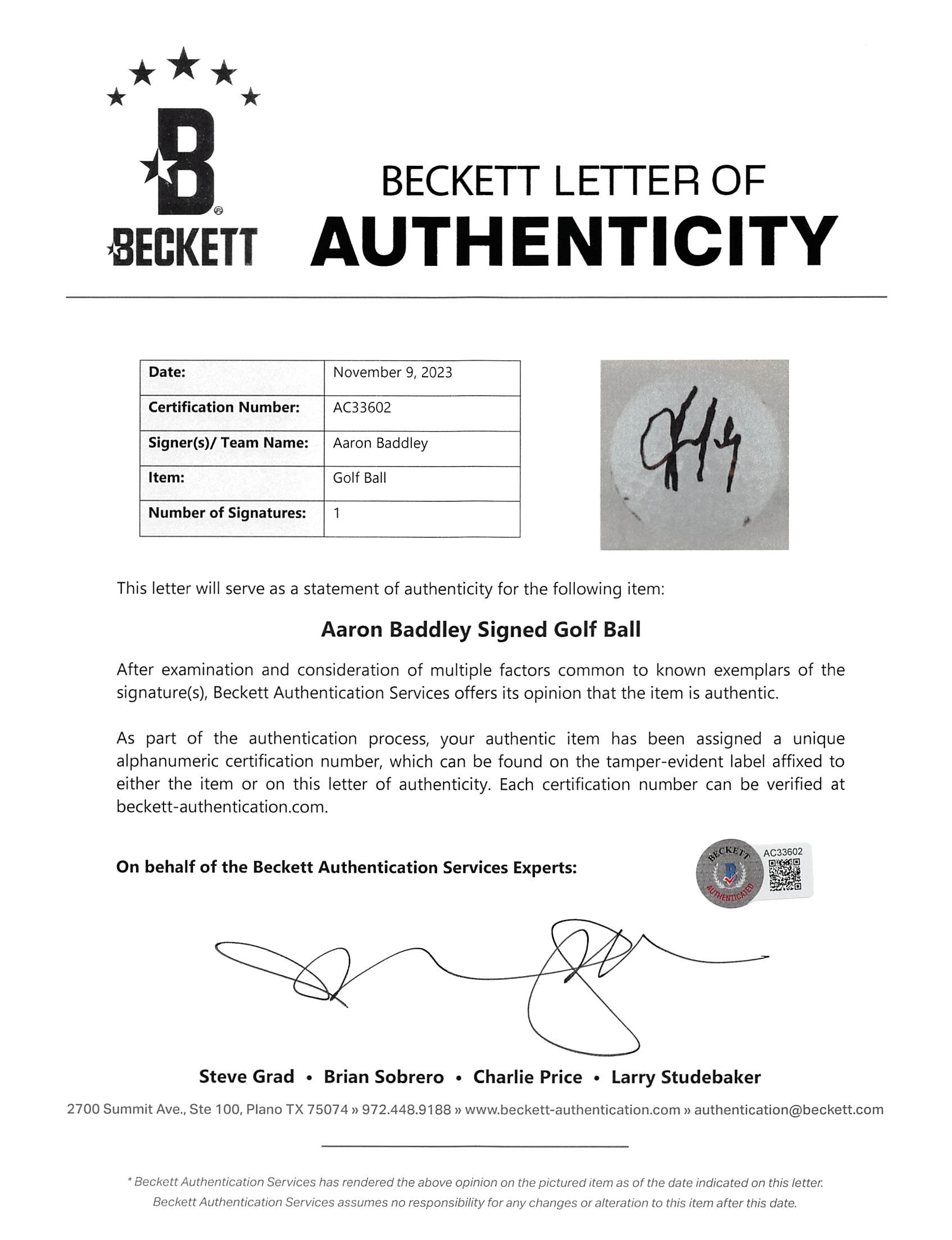 Aaron Baddley Authentic Signed Bridgestone WM Open Logo Golf Ball BAS #AC33602