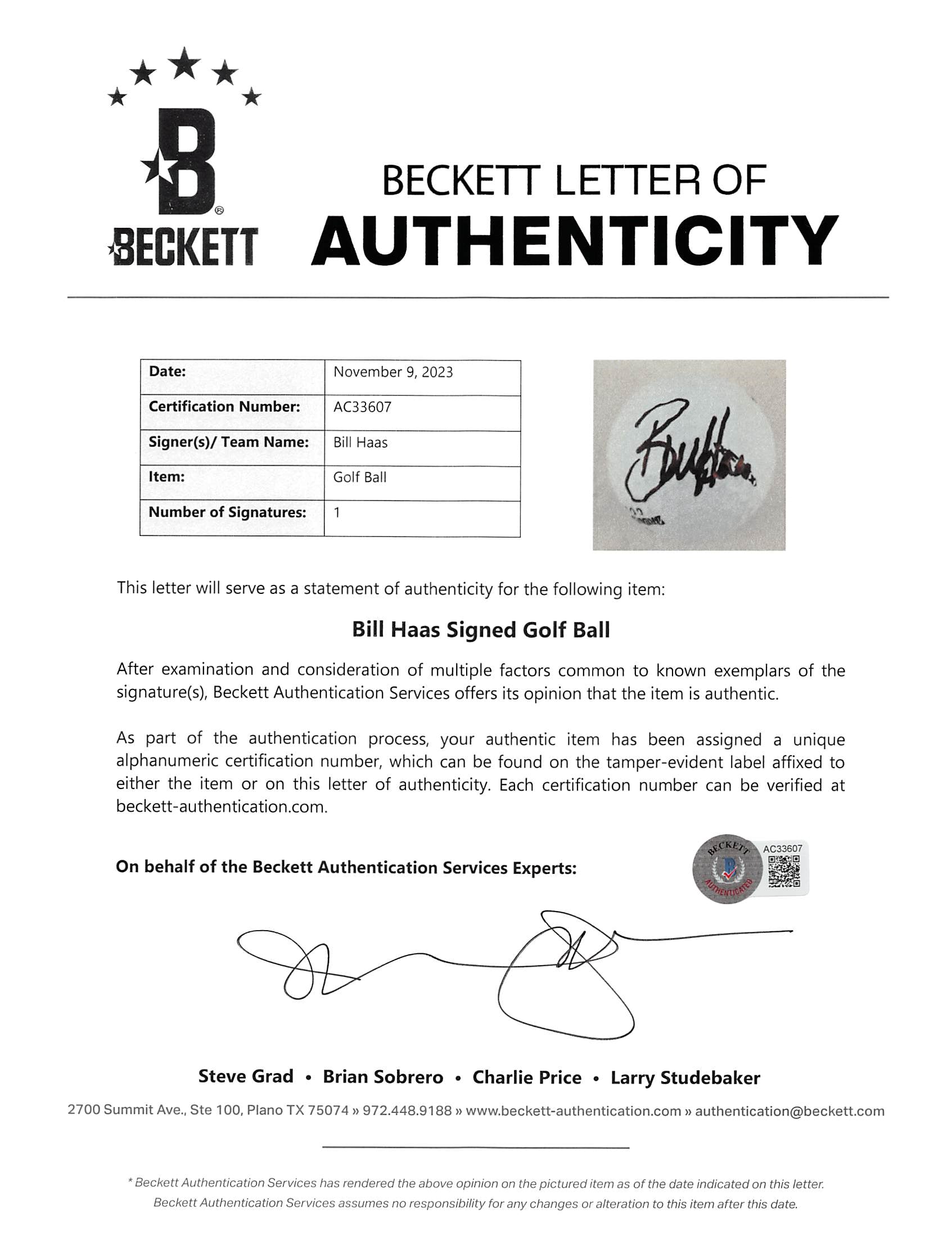 Bill Haas Authentic Signed Bridgestone WM Open Logo Golf Ball BAS #AC33607