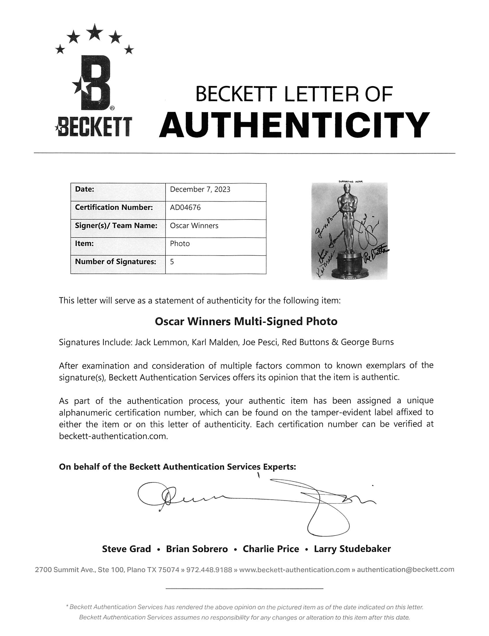 Oscar Winners (5) Lemmon, Malden, Pesci, Buttons & Burns Signed 8x10 Photo BAS