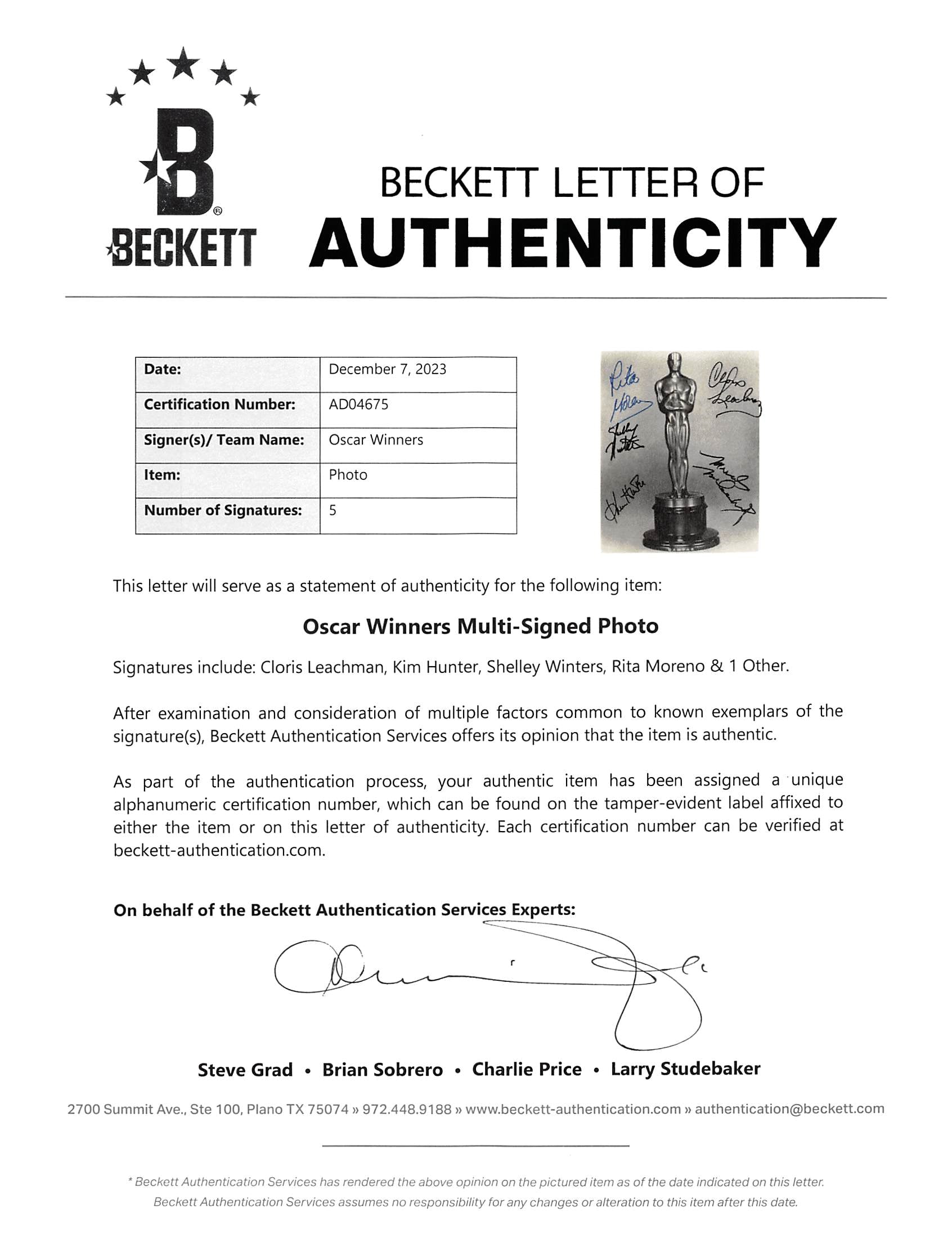 Oscar Winners (5) Leachman, Hunter, Winters, +2 More Signed 8x10 B&W Photo BAS