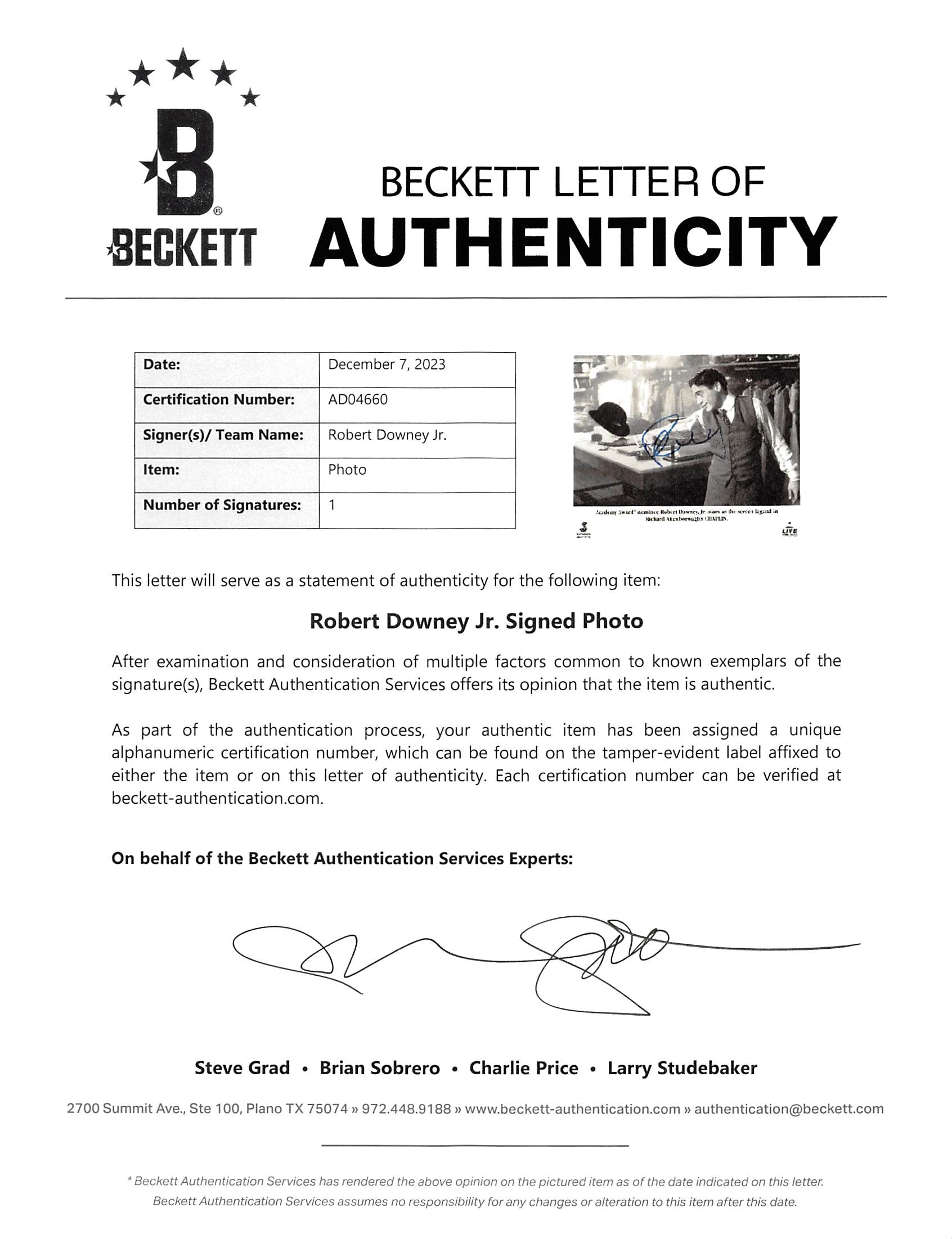 Robert Downey Jr. Chaplin Authentic Signed 8x10 Black & White Photo BAS #AD04660