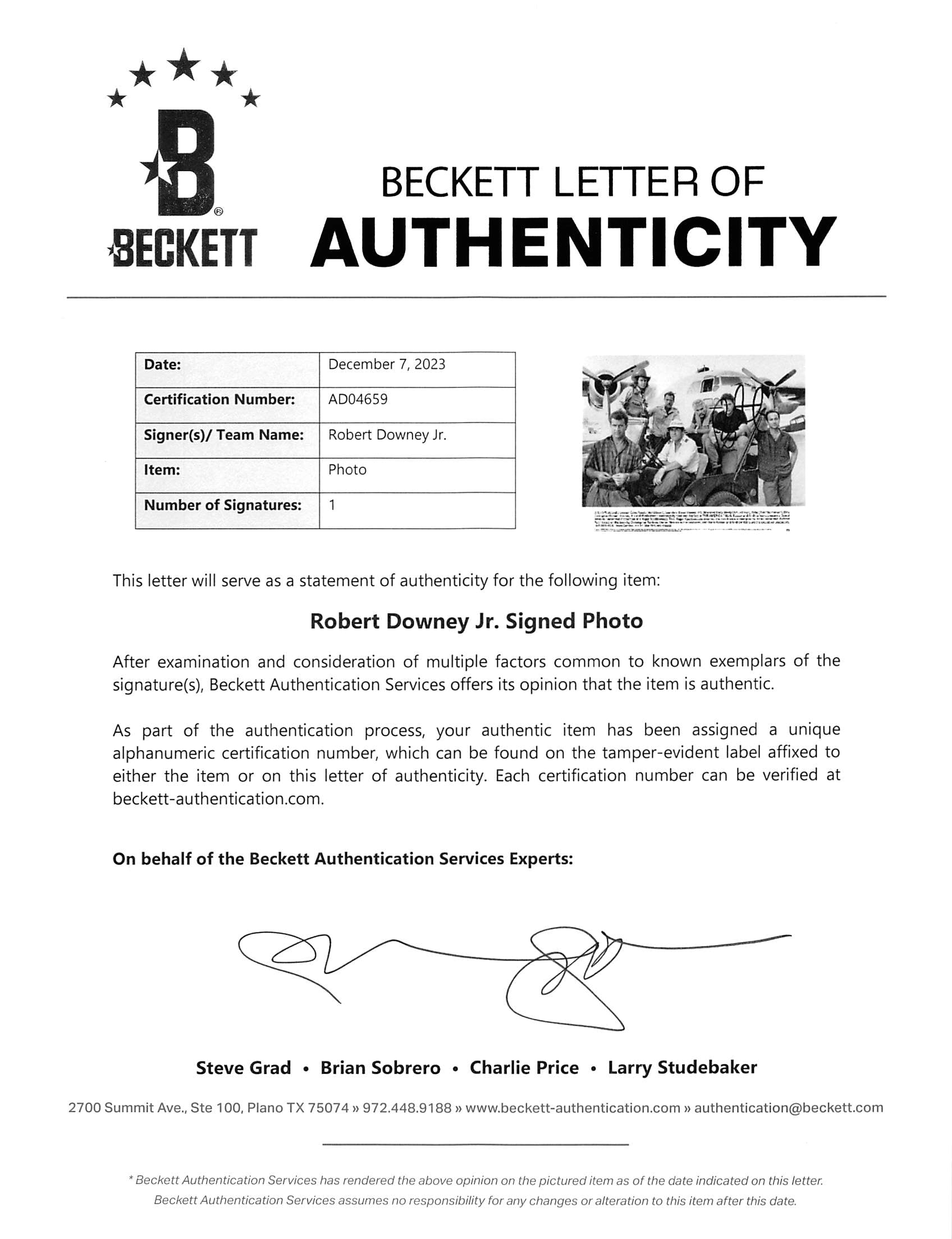 Robert Downey Jr. Air America Authentic Signed 8x10 B&W Photo BAS #AD04659