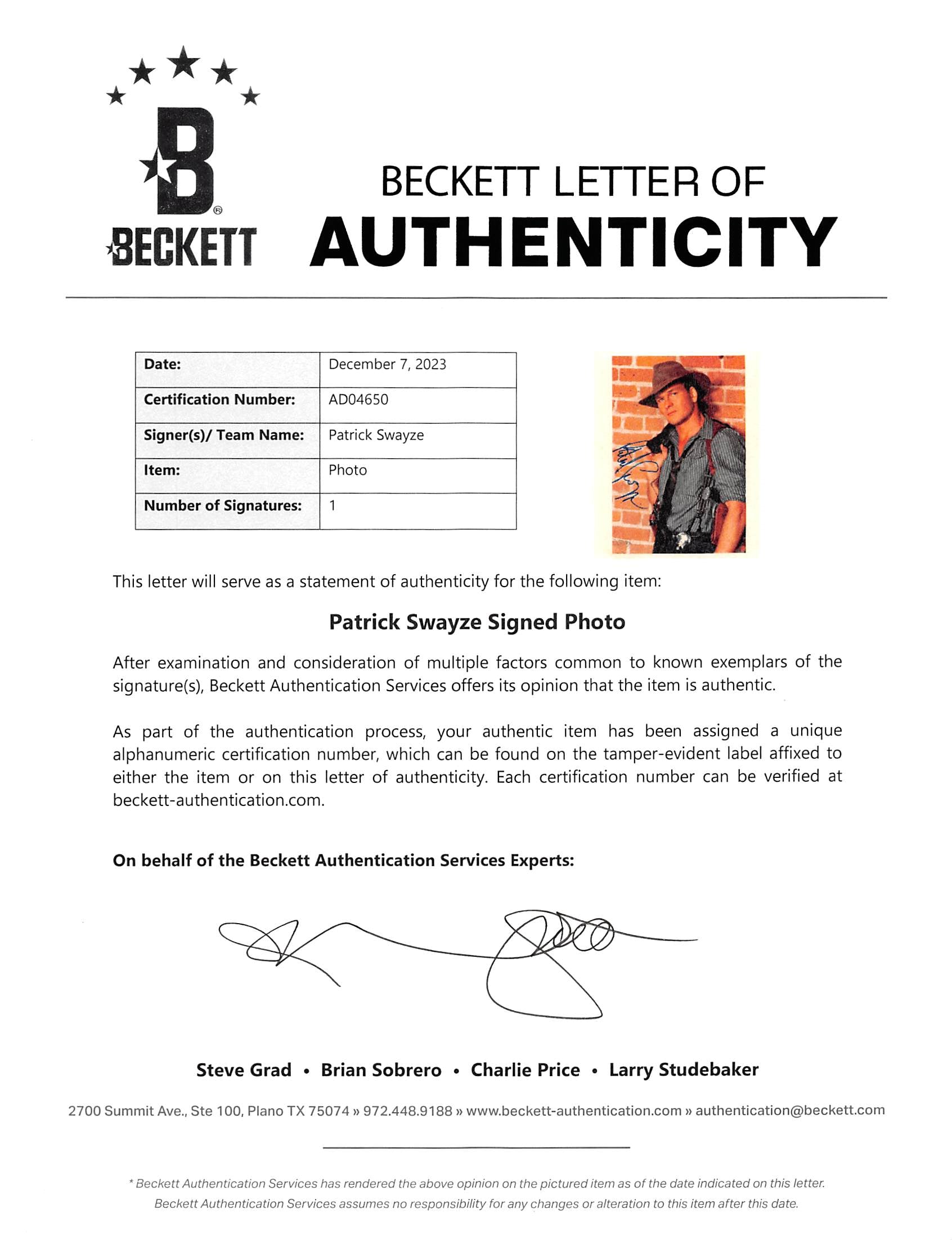 Patrick Swayze Next Of Kin Authentic Signed 8x10 Photo BAS #AD04650