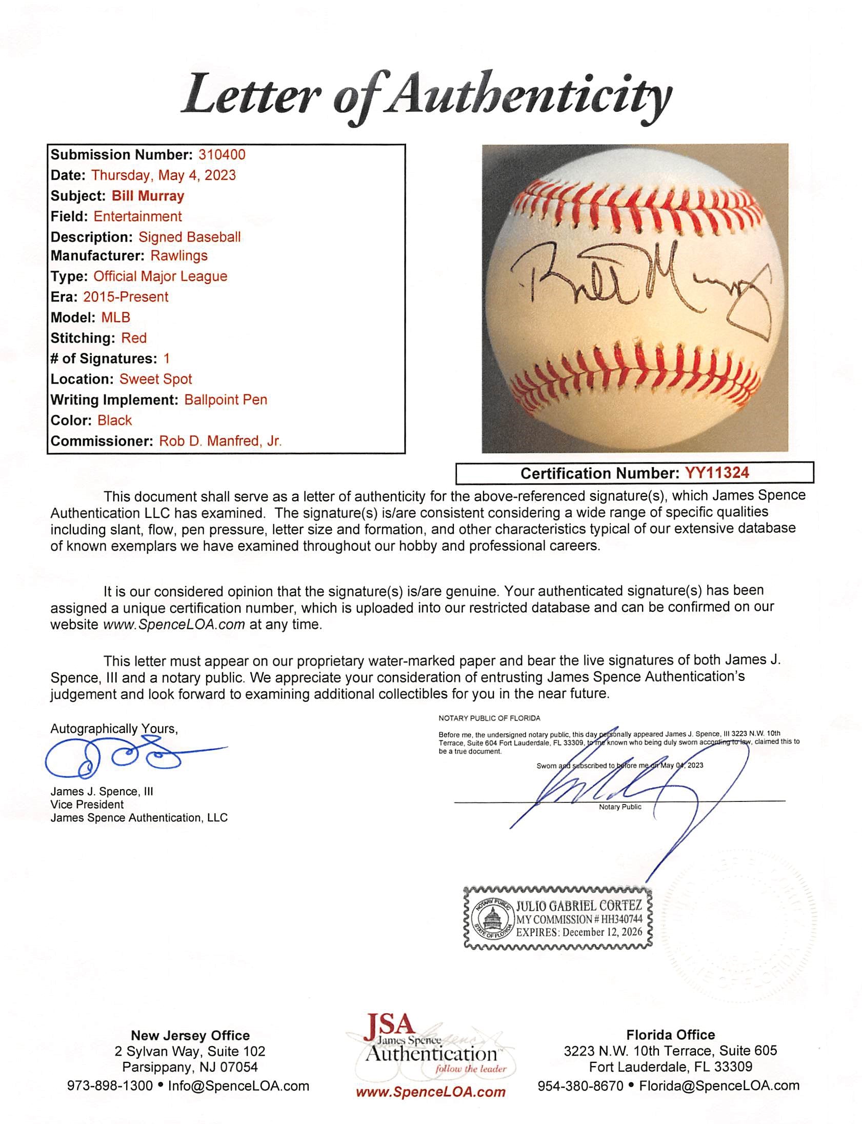 Bill Murray Caddyshack Authentic Signed Oml Baseball Autographed JSA #YY11324