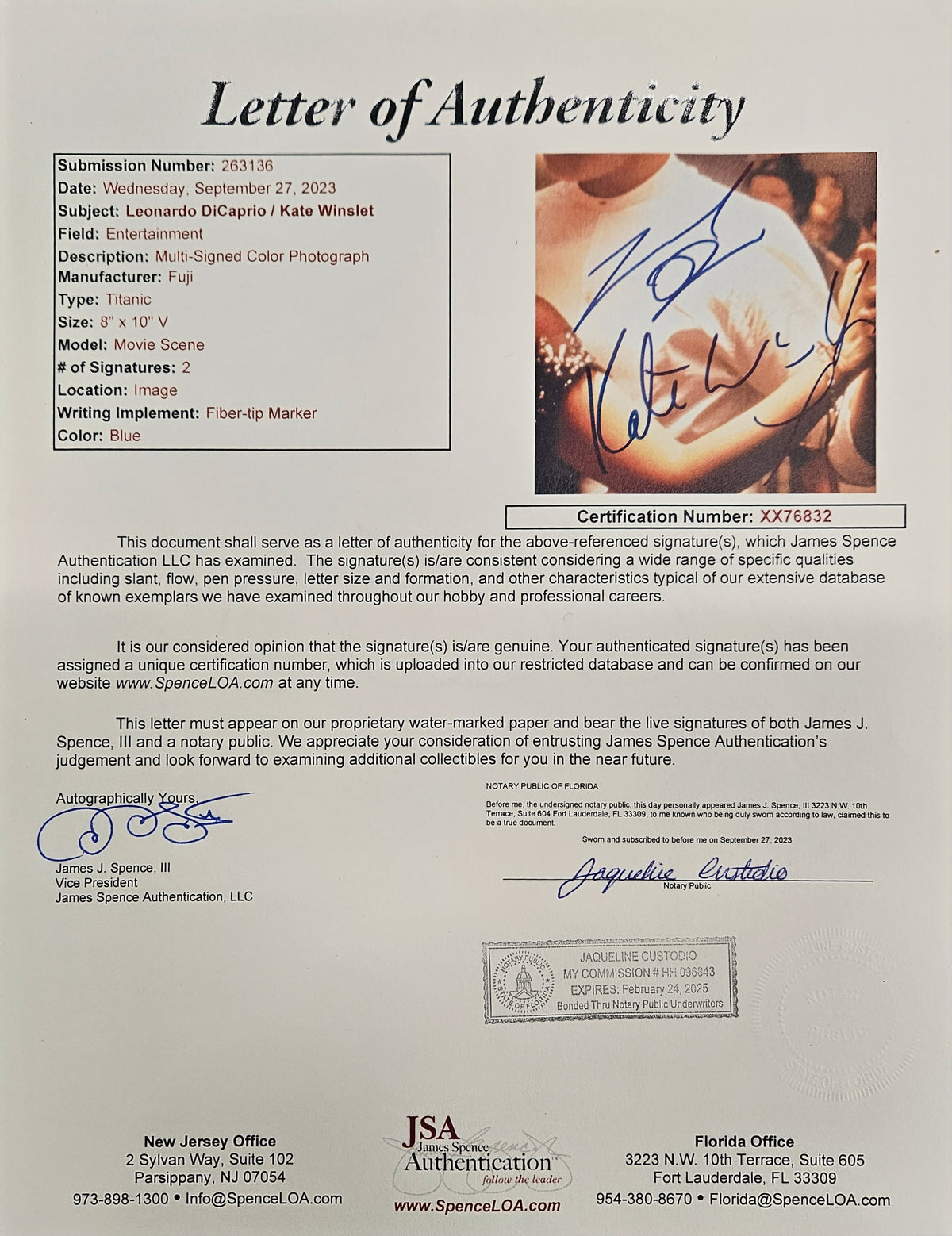 Leonardo DiCaprio & Kate Winslet Titanic Signed 8x10 Framed Photo JSA #XX76832