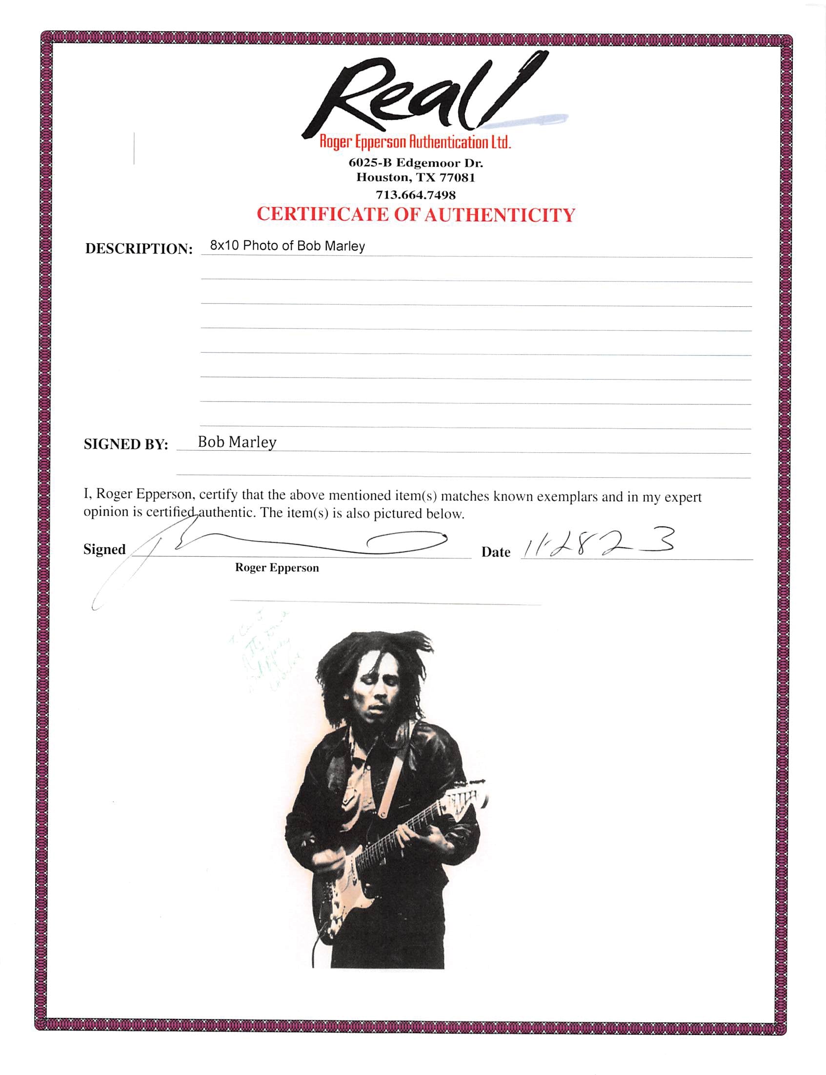 Bob Marley To Court, Natty Dread Authentic Signed 8x9 B&W Photo JSA #YY37989