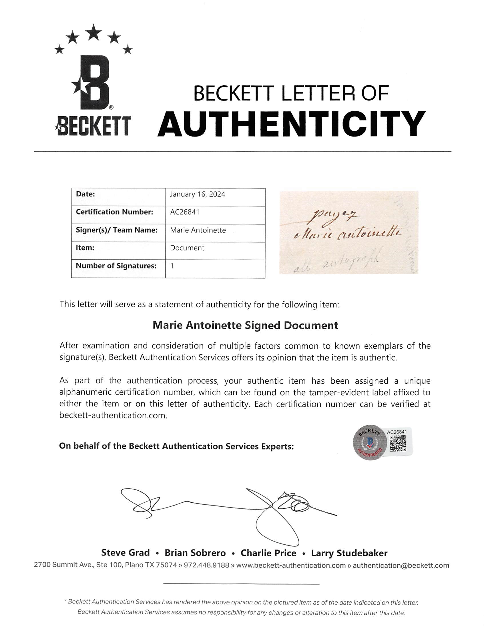 Marie Antoinette Authentic Signed 9.75x14.5 1783 Payer Document BAS #AC26841