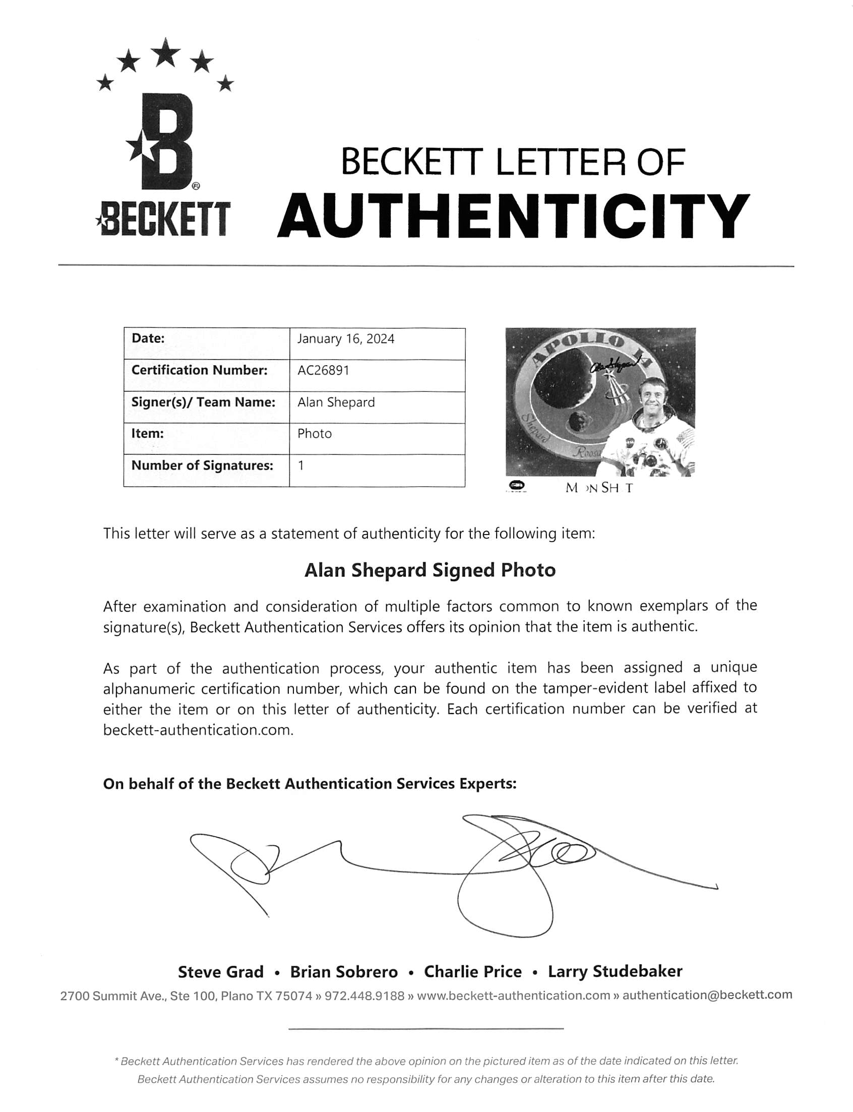 Alan Shepard Apollo 14 Authentic Signed 8x10 Black & White Photo BAS #AC26891