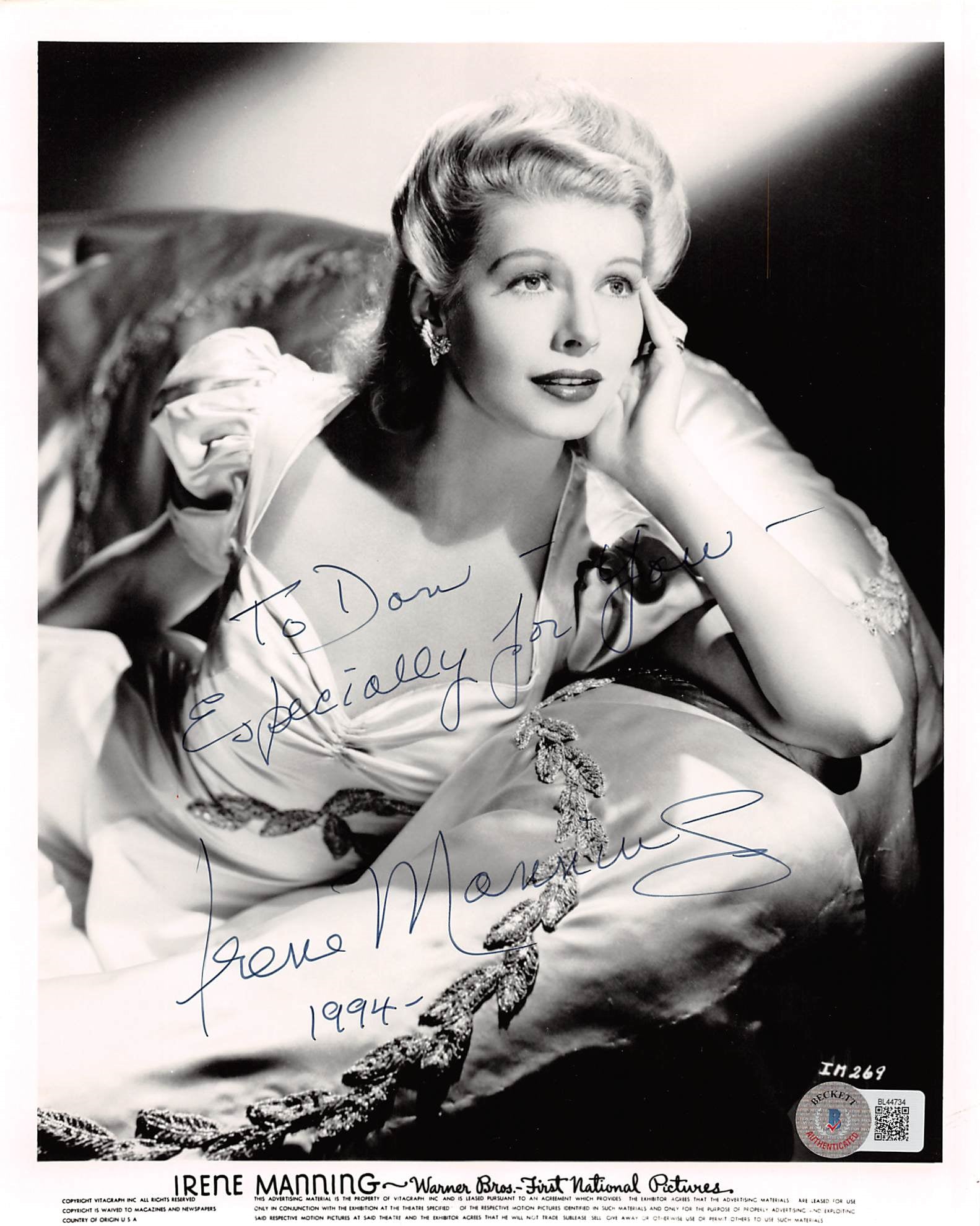 Irene Manning Yankee Doodle Dandy "For You-1994" Signed 8x10 Photo BAS #BL44734