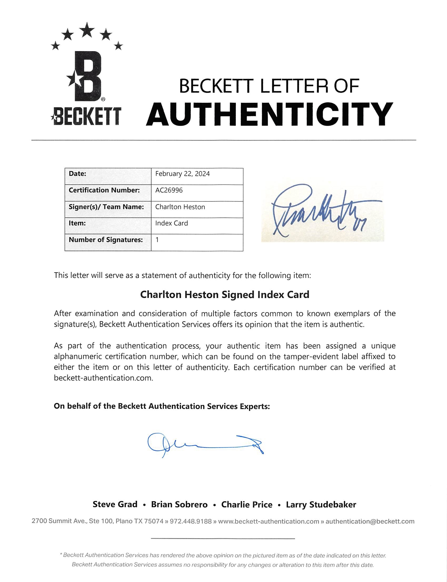 Charlton Heston Ben-Hur Authentic Signed 3x5 Index Card BAS LOA #AC26996