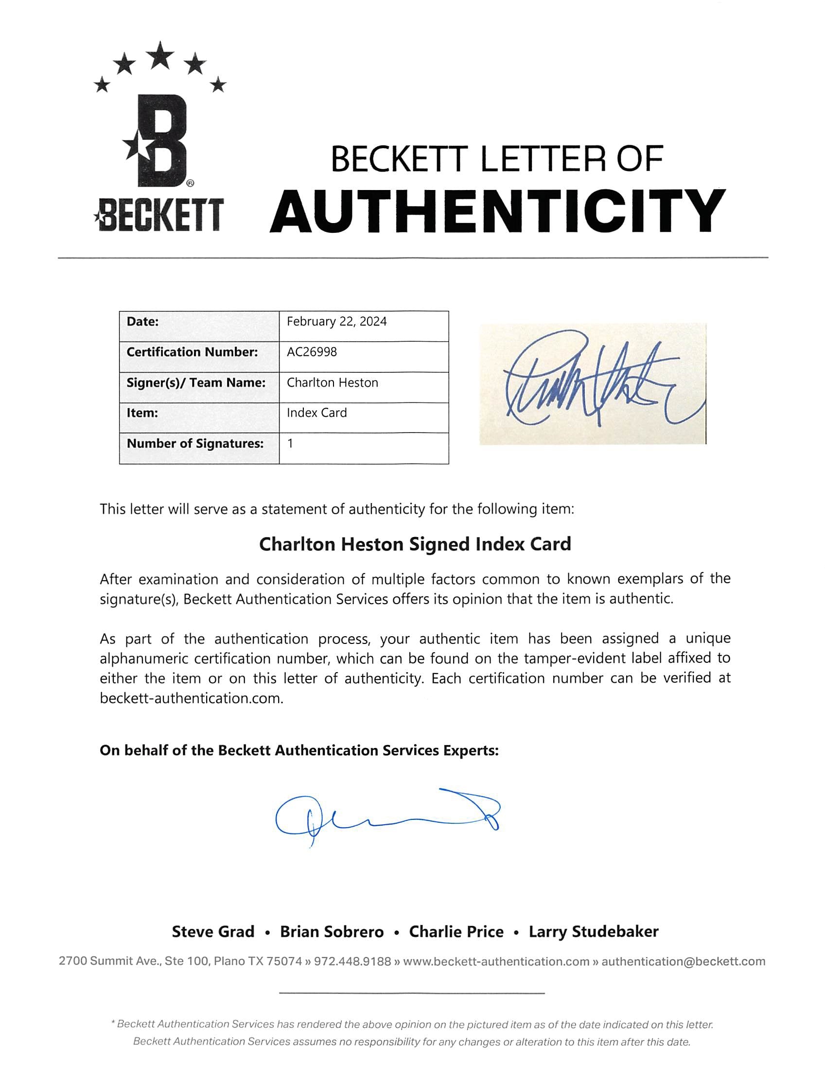 Charlton Heston Ben-Hur Authentic Signed 3x5 Index Card BAS LOA #AC26998